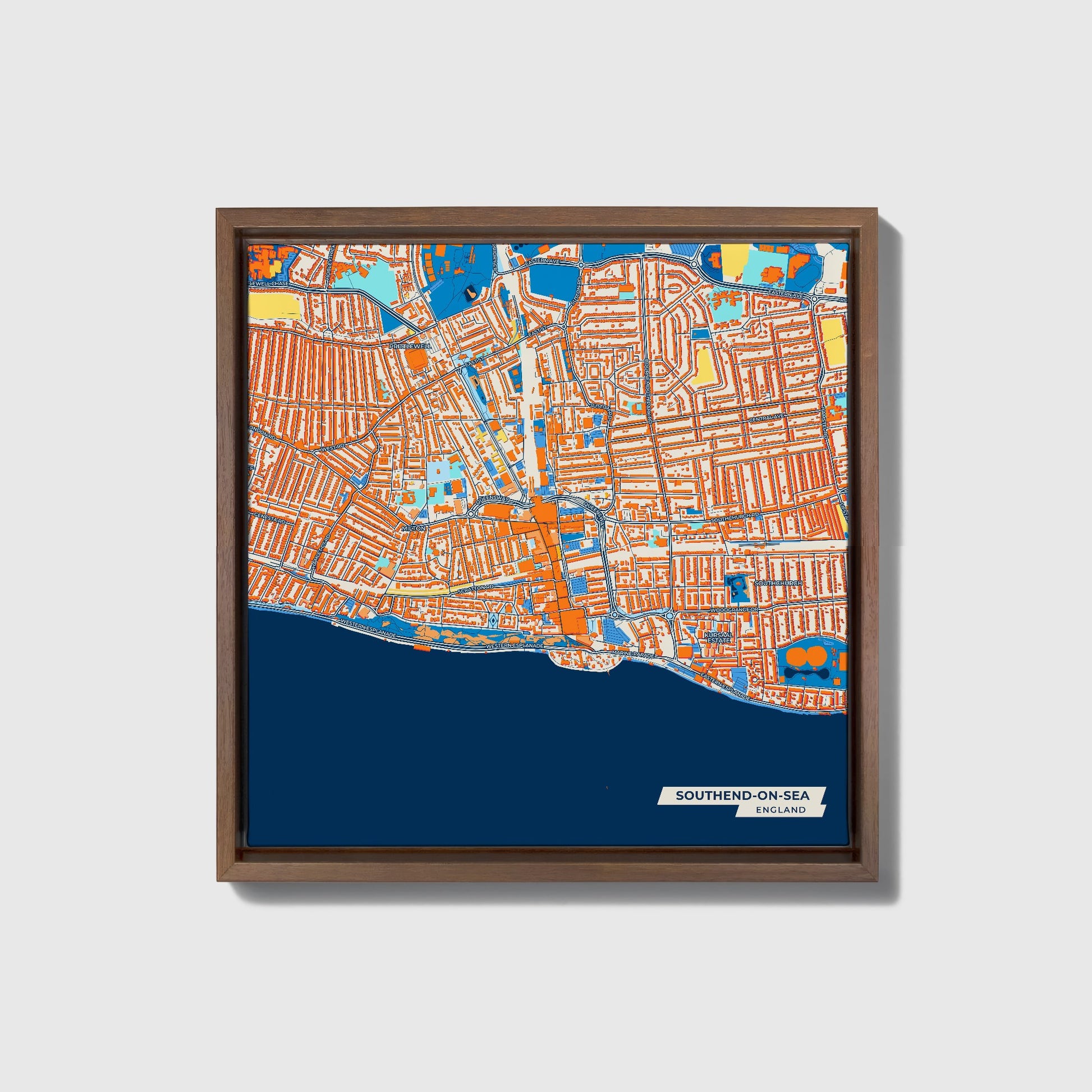 Southend-On-Sea England Colorful City Map Canvas Print • Dark Wooden Framed