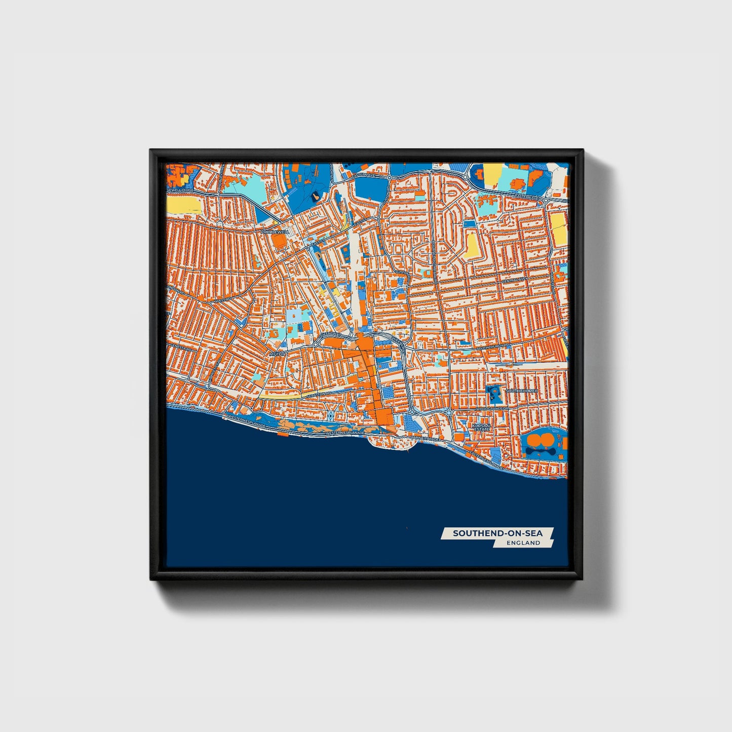 Southend-On-Sea England Colorful City Map Canvas Print • Black Framed