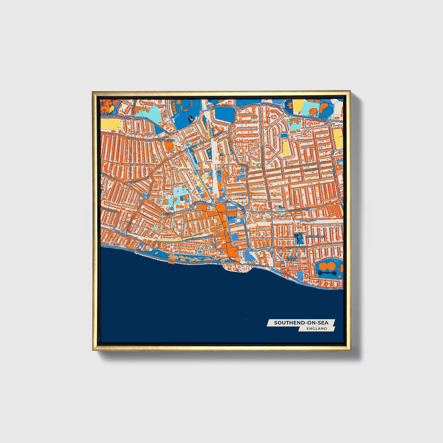 Southend-On-Sea England Colorful City Map Canvas Print • Gold Framed