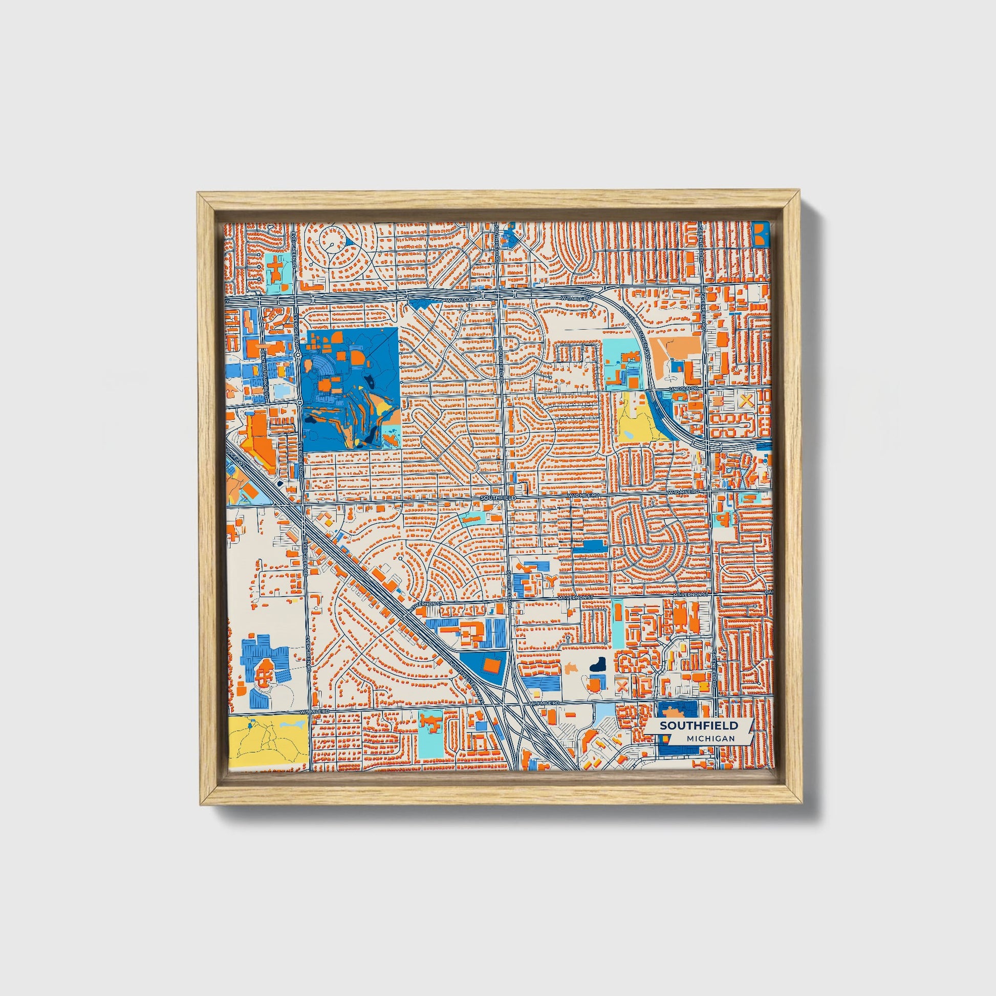 Southfield Michigan Colorful City Map Canvas Print • Natural Wooden Framed