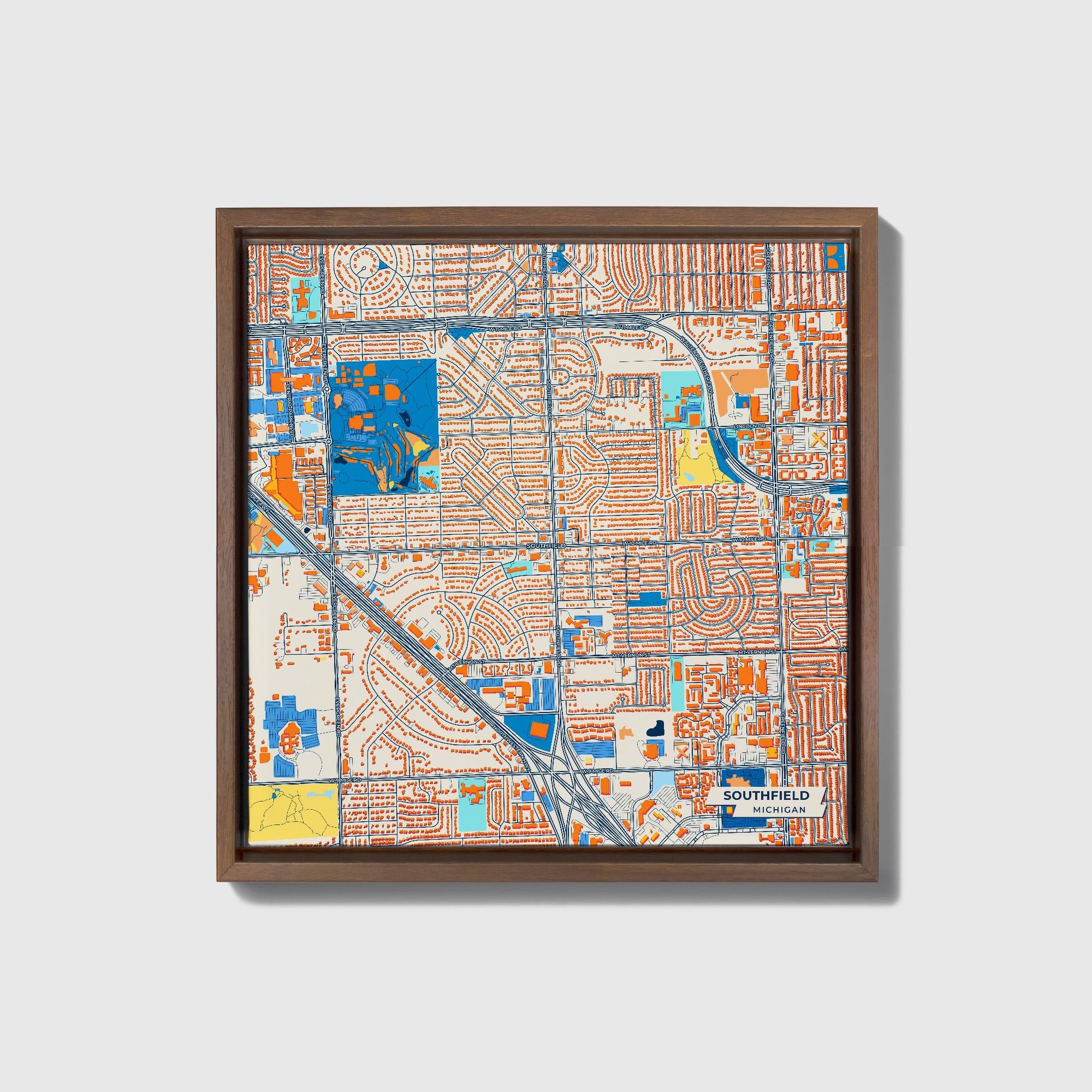 Southfield Michigan Colorful City Map Canvas Print • Dark Wooden Framed