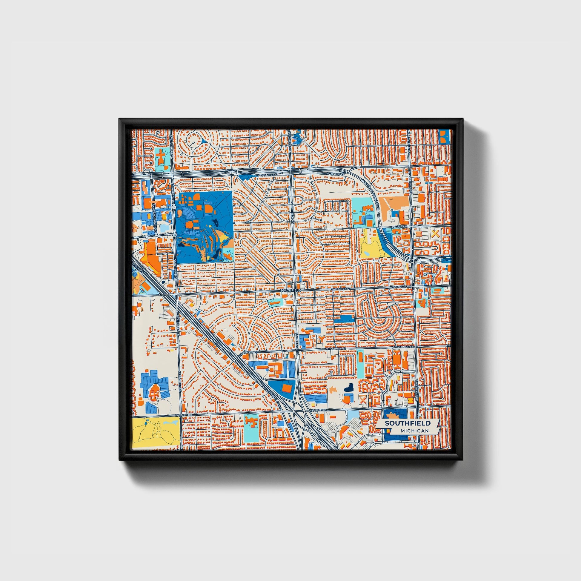 Southfield Michigan Colorful City Map Canvas Print • Black Framed