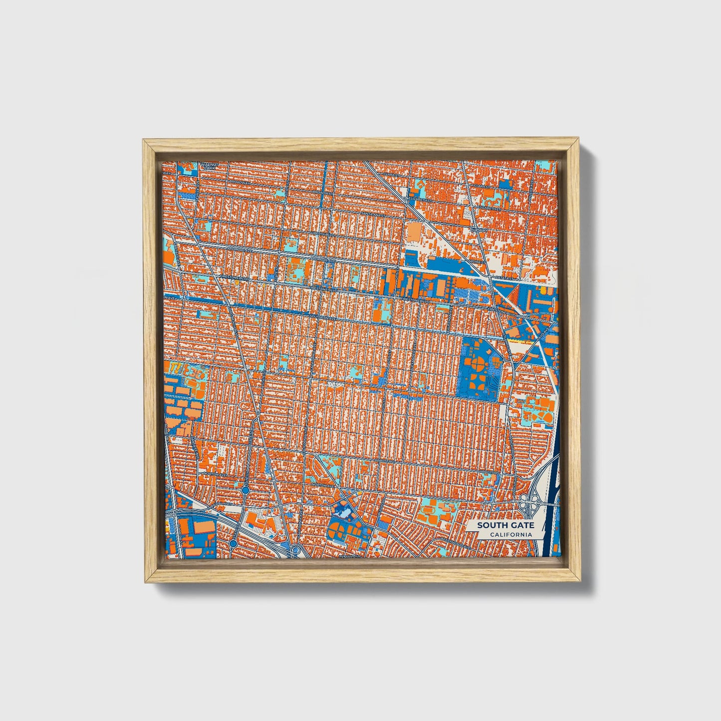 South Gate California Colorful City Map Canvas Print • Natural Wooden Framed