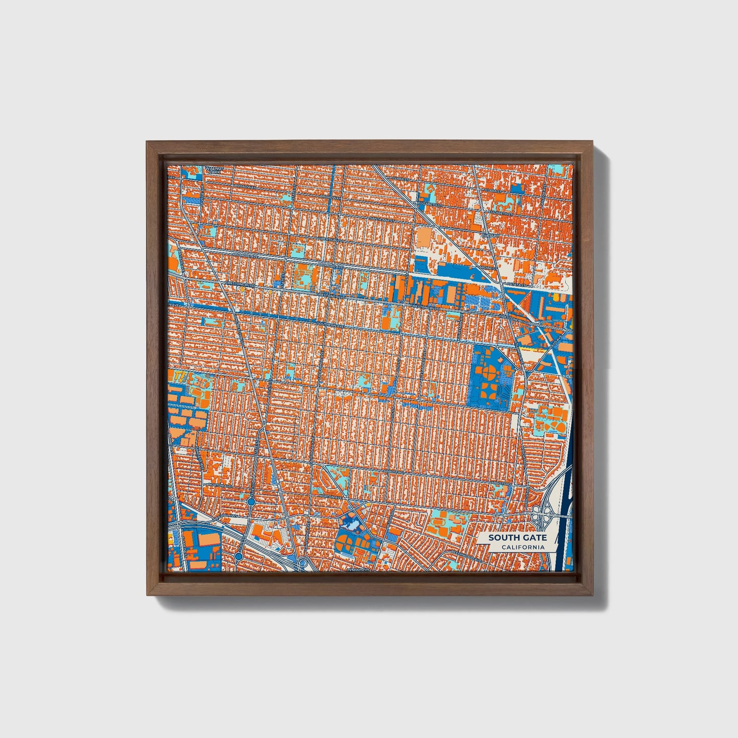 South Gate California Colorful City Map Canvas Print • Dark Wooden Framed