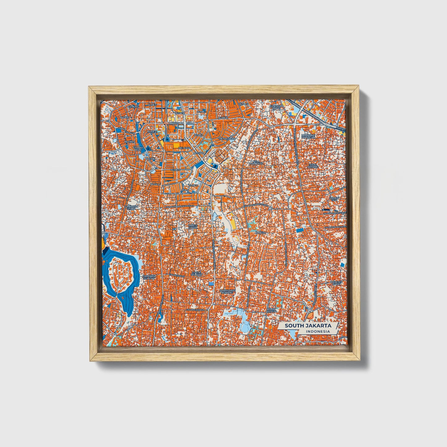 South Jakarta Indonesia Colorful City Map Canvas Print • Natural Wooden Framed