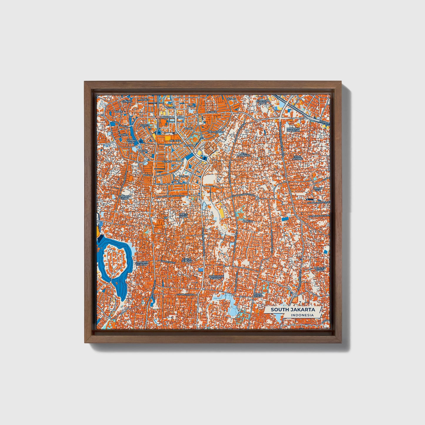 South Jakarta Indonesia Colorful City Map Canvas Print • Dark Wooden Framed