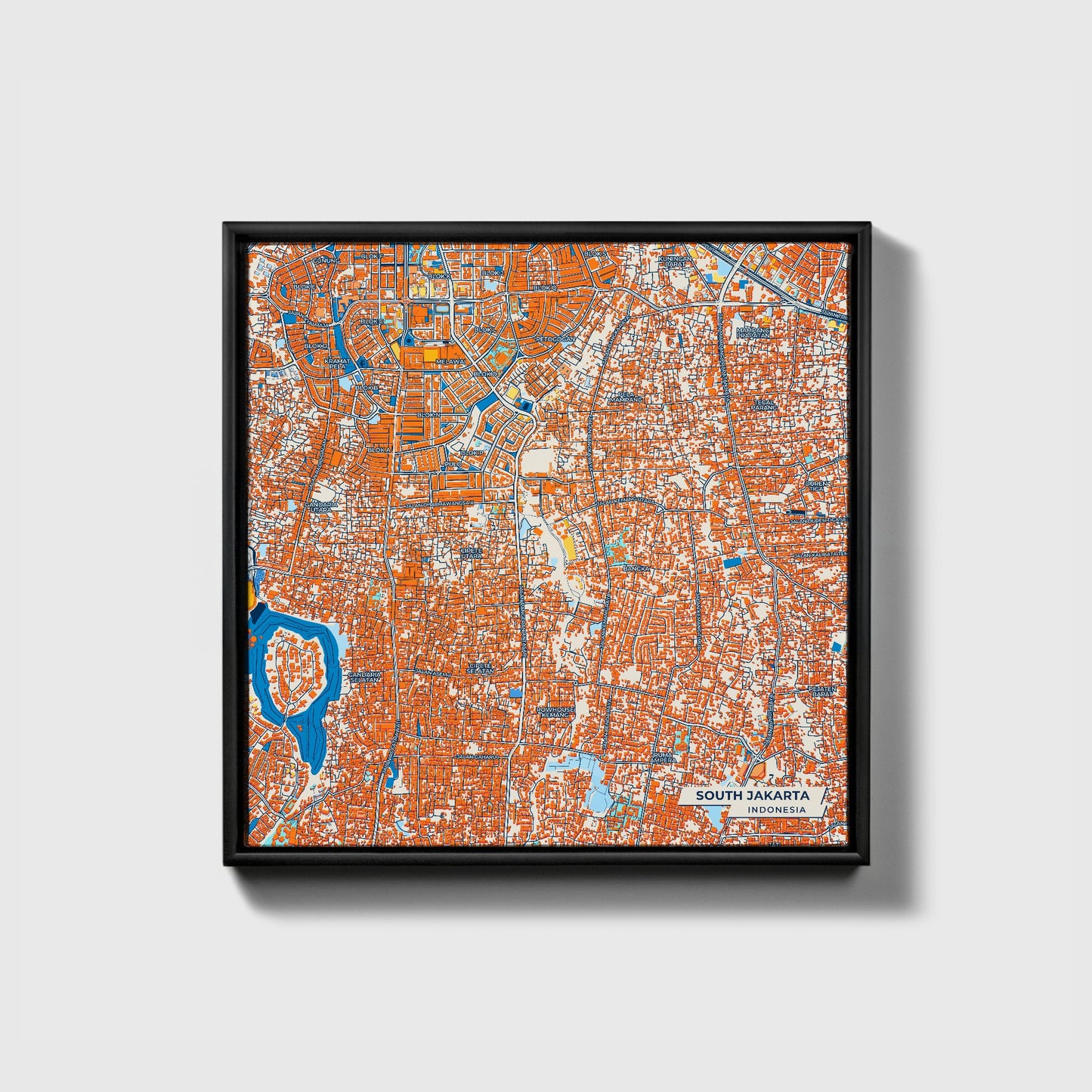 South Jakarta Indonesia Colorful City Map Canvas Print • Black Framed