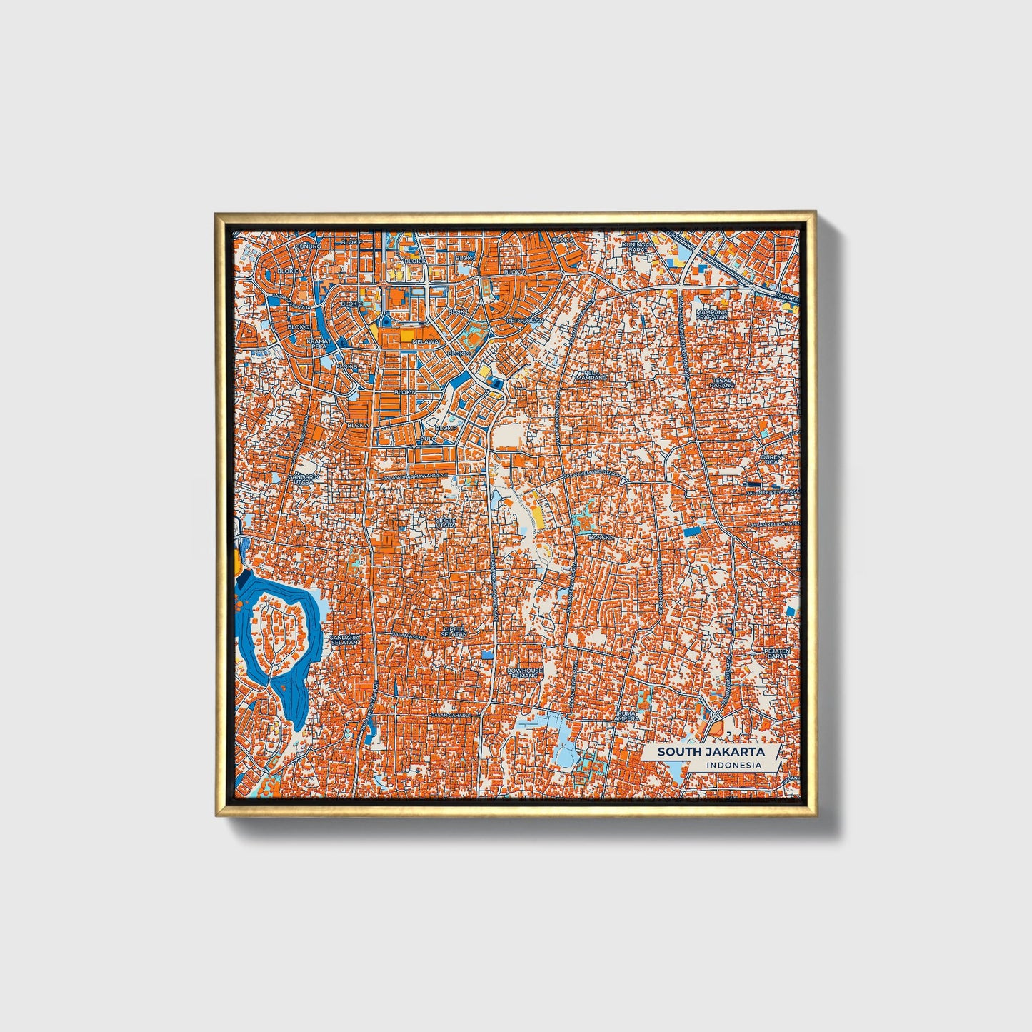 South Jakarta Indonesia Colorful City Map Canvas Print • Gold Framed