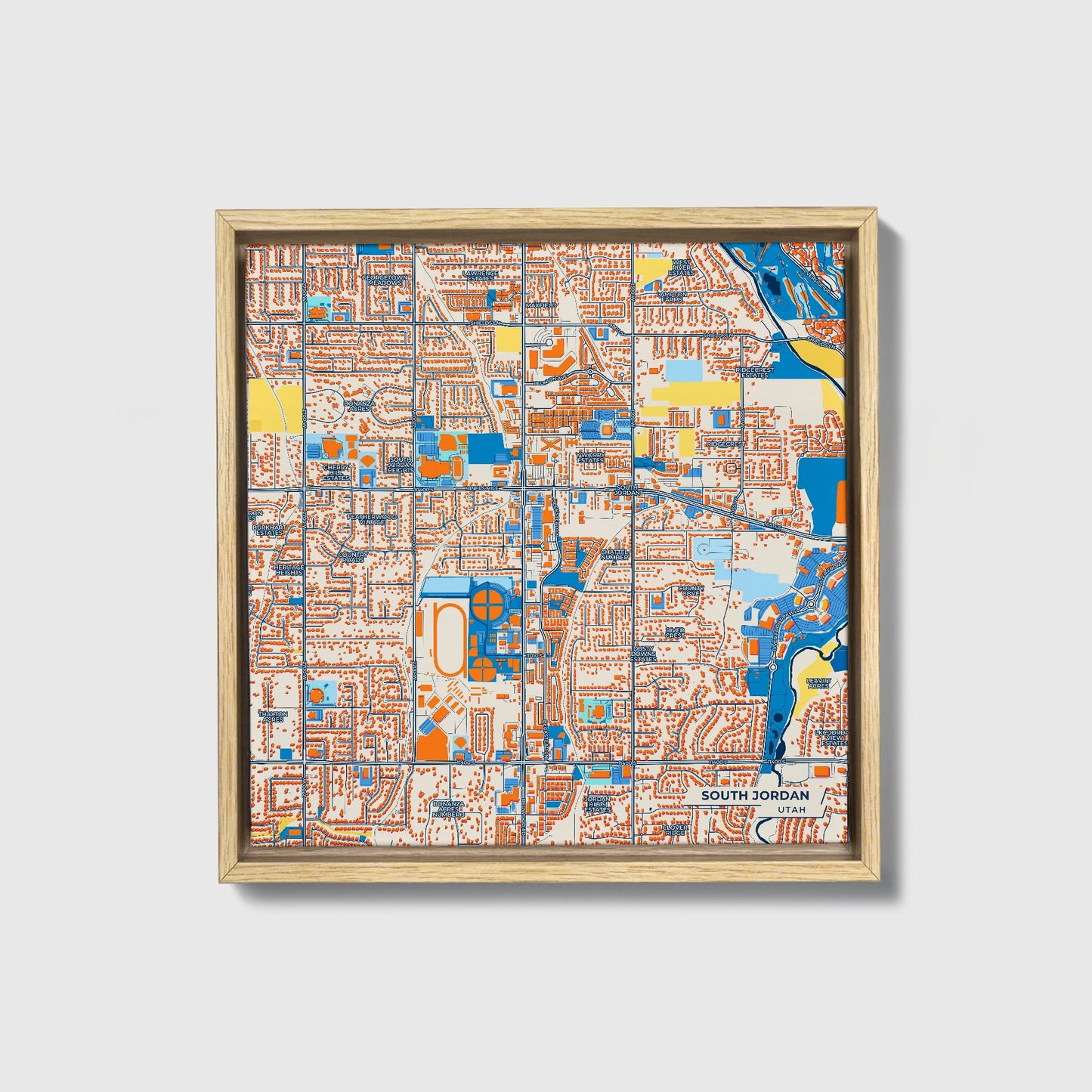 South Jordan Utah Colorful City Map Canvas Print • Natural Wooden Framed