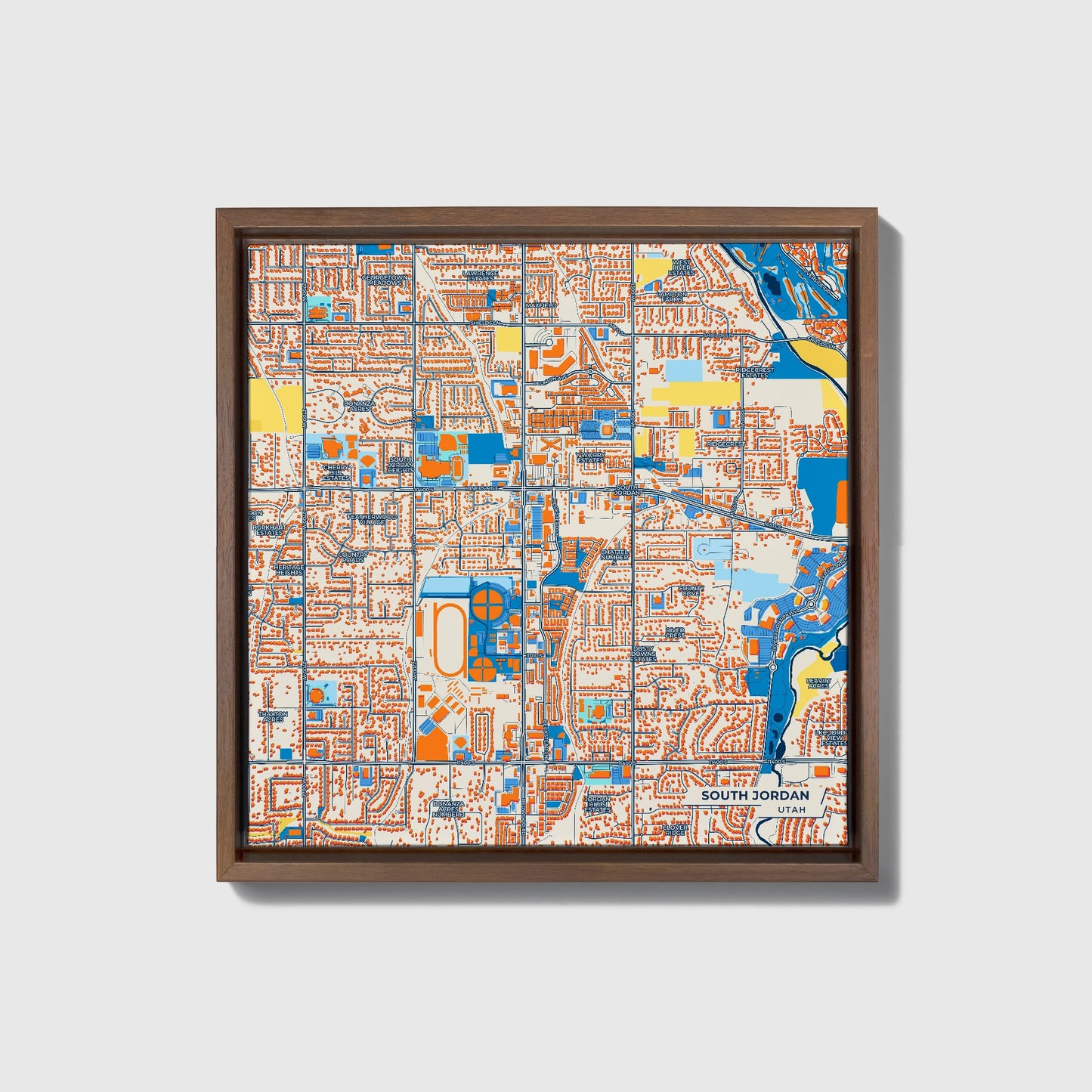 South Jordan Utah Colorful City Map Canvas Print • Dark Wooden Framed