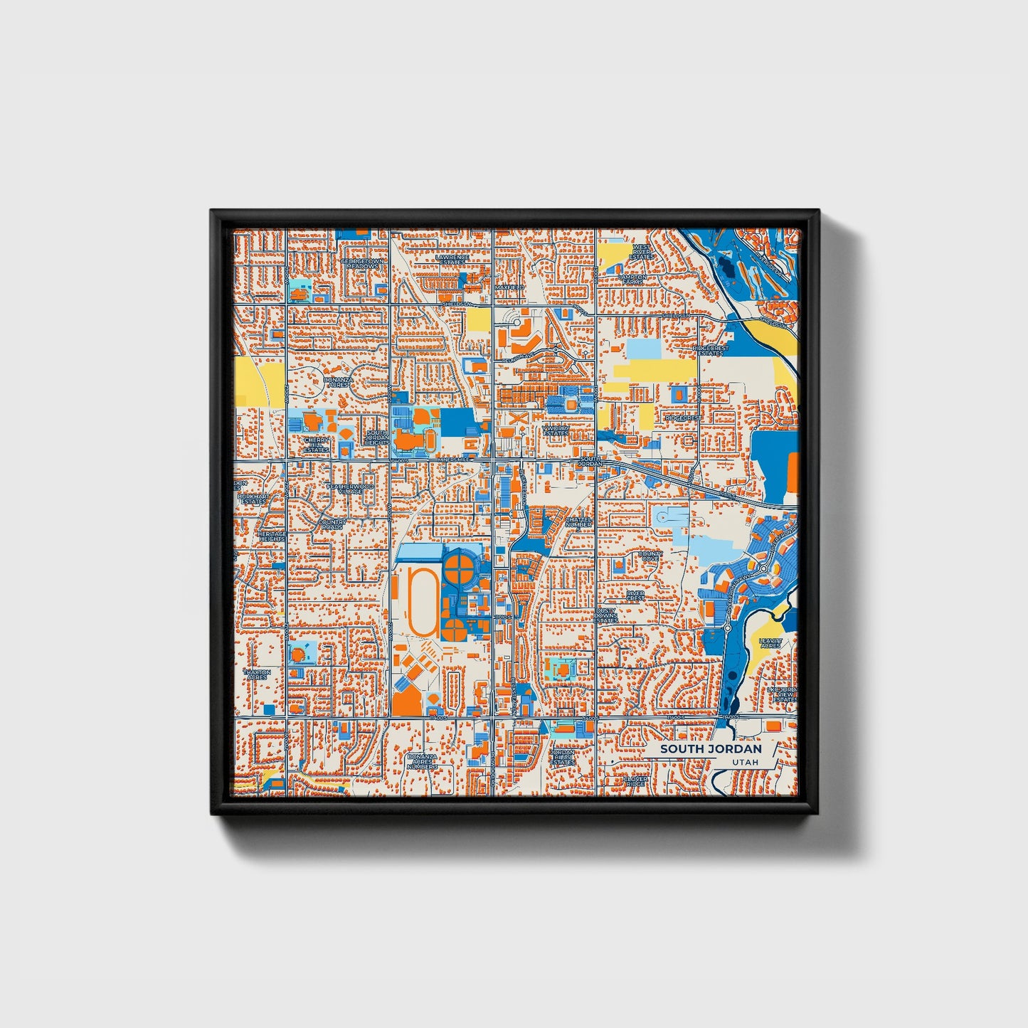 South Jordan Utah Colorful City Map Canvas Print • Black Framed