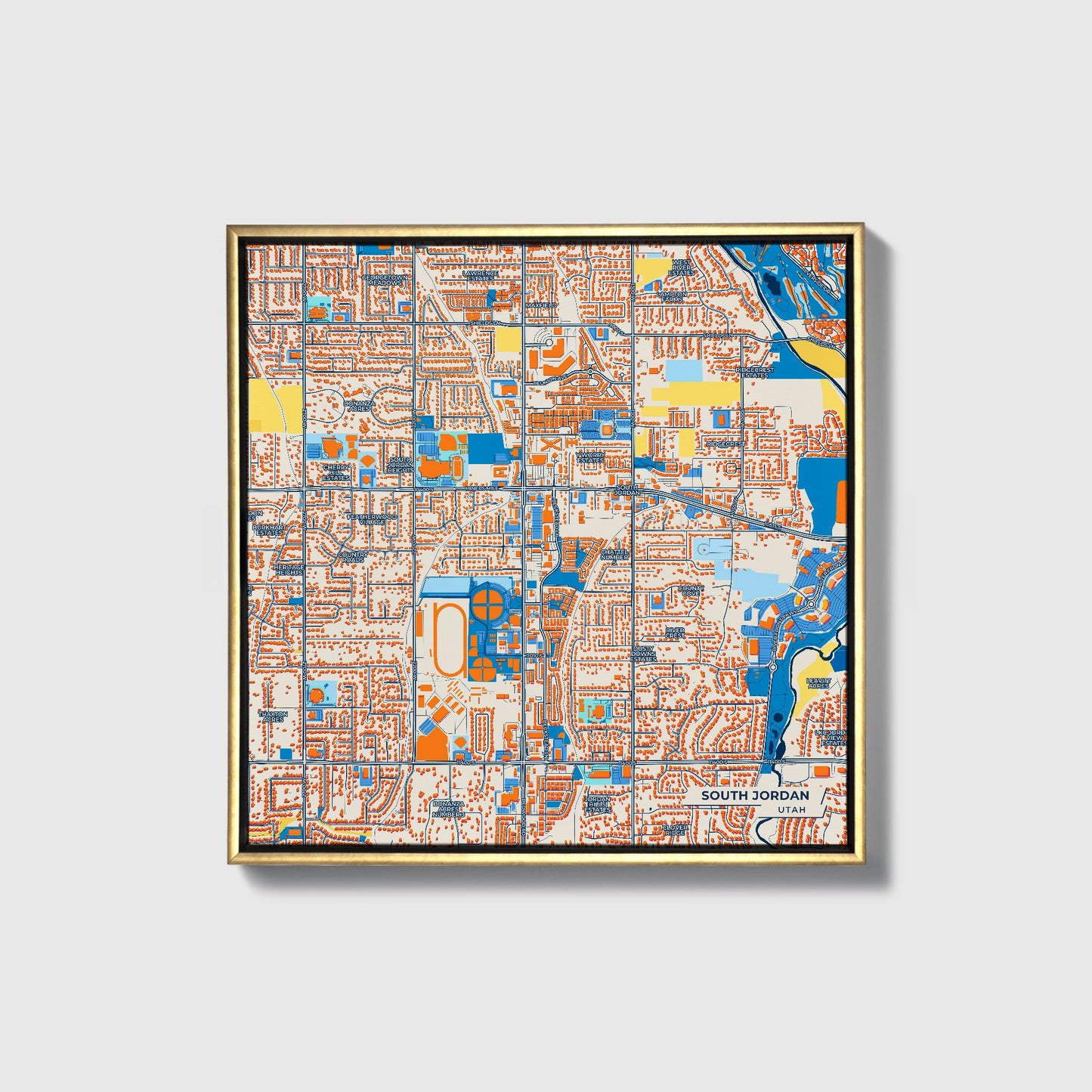South Jordan Utah Colorful City Map Canvas Print • Gold Framed