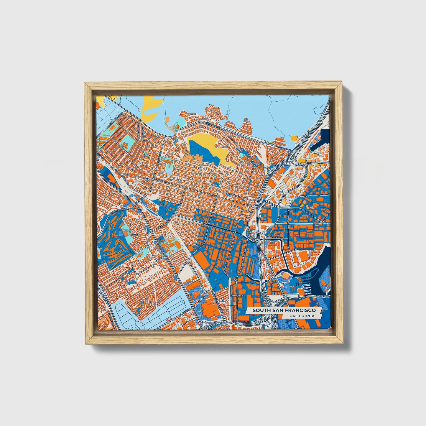 South San Francisco California Colorful City Map Canvas Print • Natural Wooden Framed