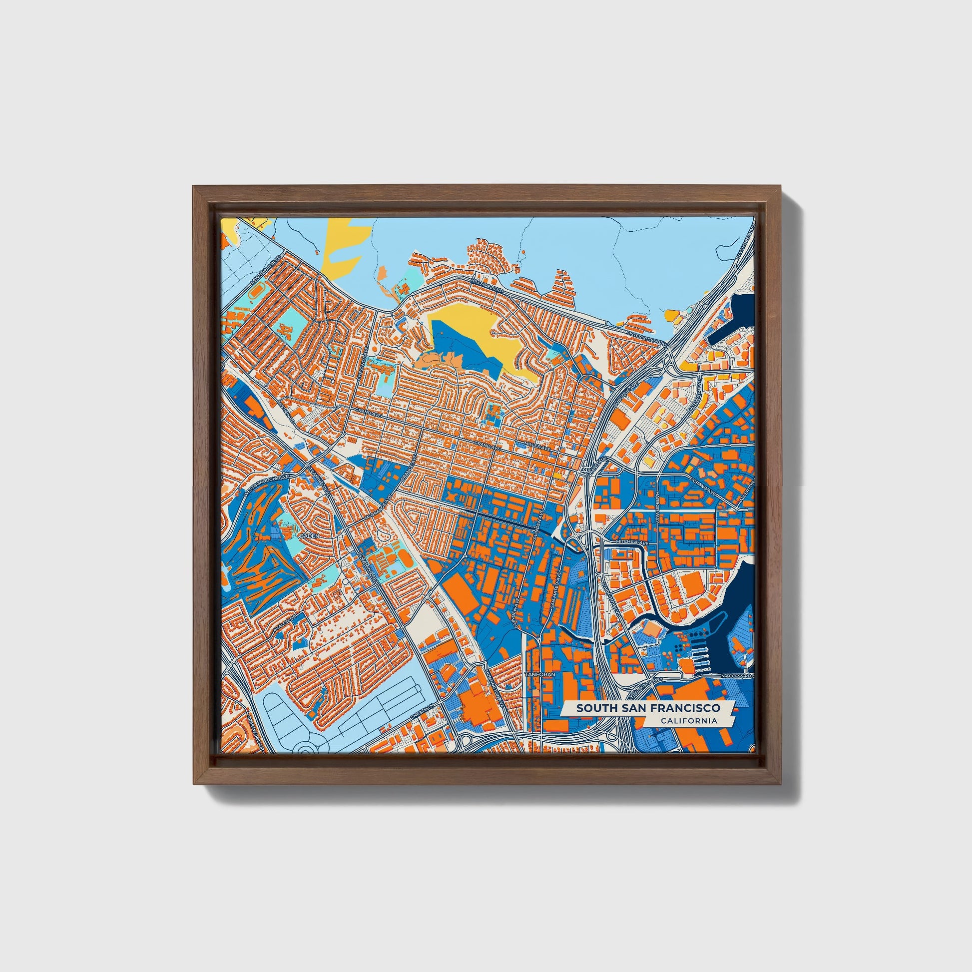 South San Francisco California Colorful City Map Canvas Print • Dark Wooden Framed