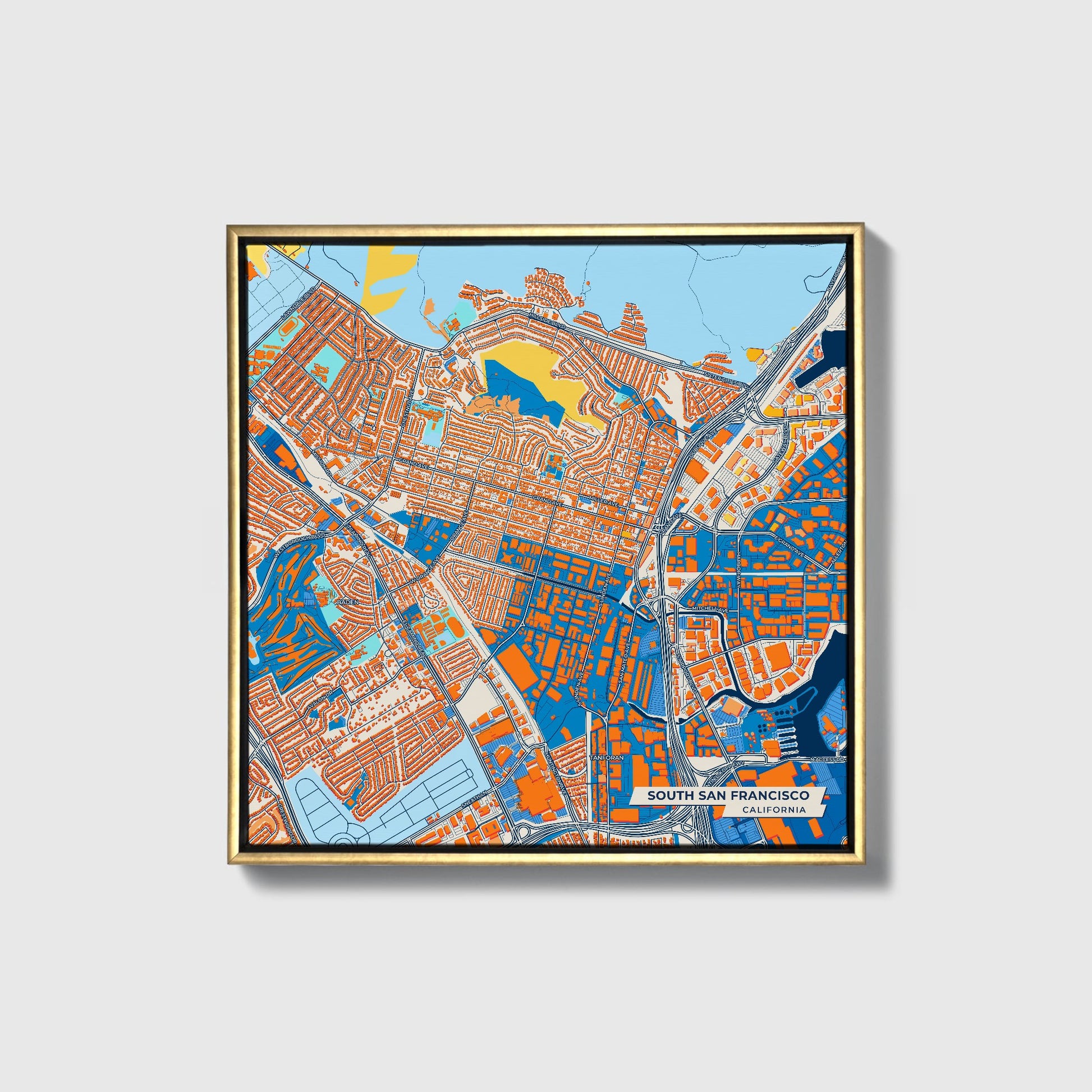 South San Francisco California Colorful City Map Canvas Print • Gold Framed