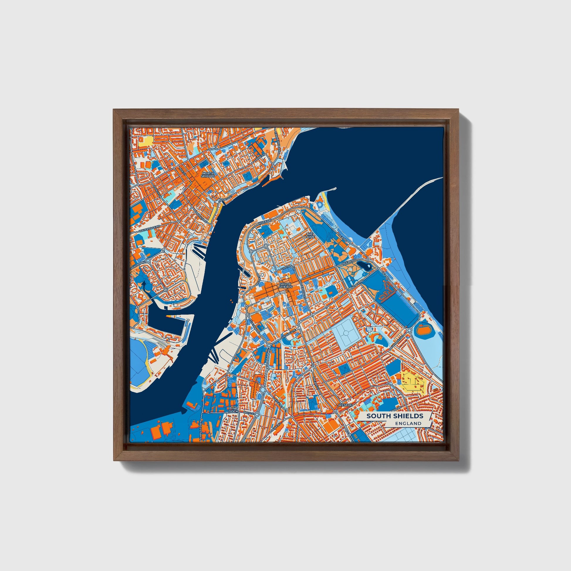 South Shields England Colorful City Map Canvas Print • Dark Wooden Framed