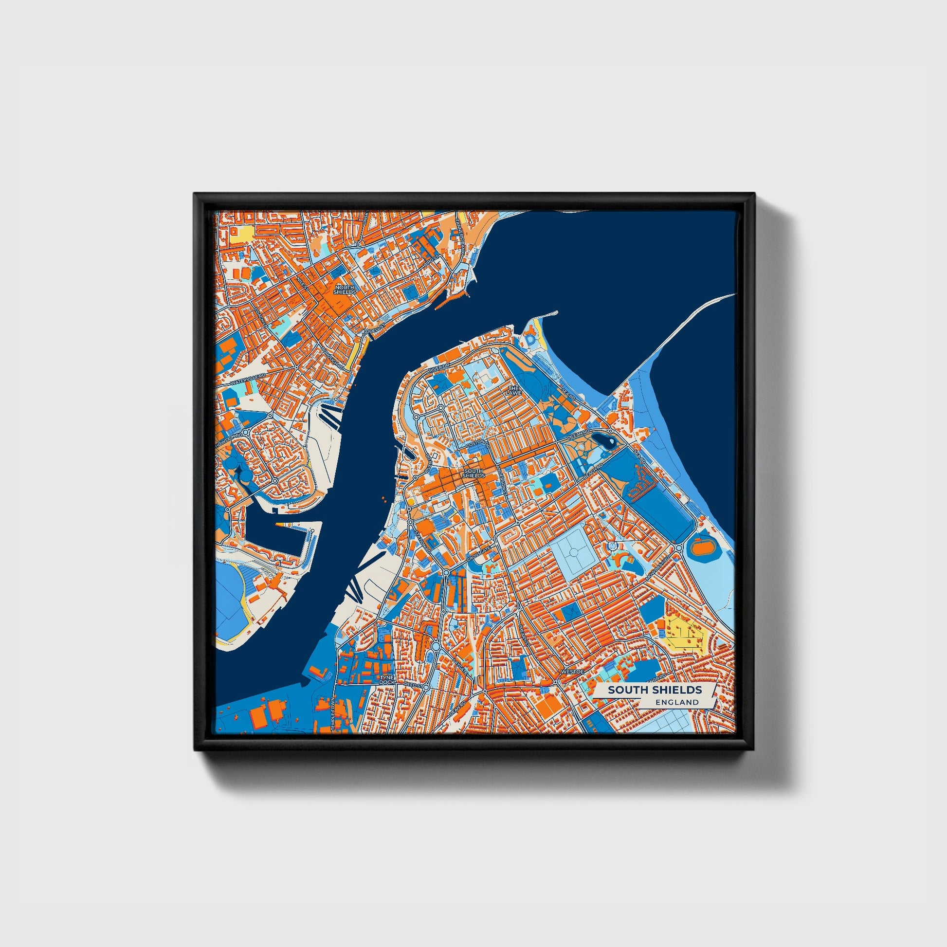 South Shields England Colorful City Map Canvas Print • Black Framed