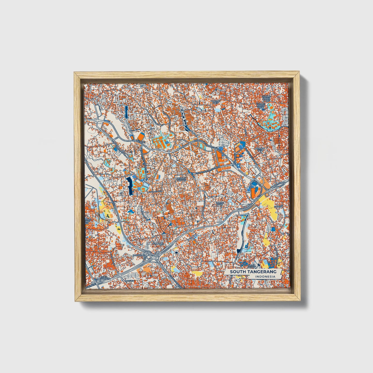 South Tangerang Indonesia Colorful City Map Canvas Print • Natural Wooden Framed