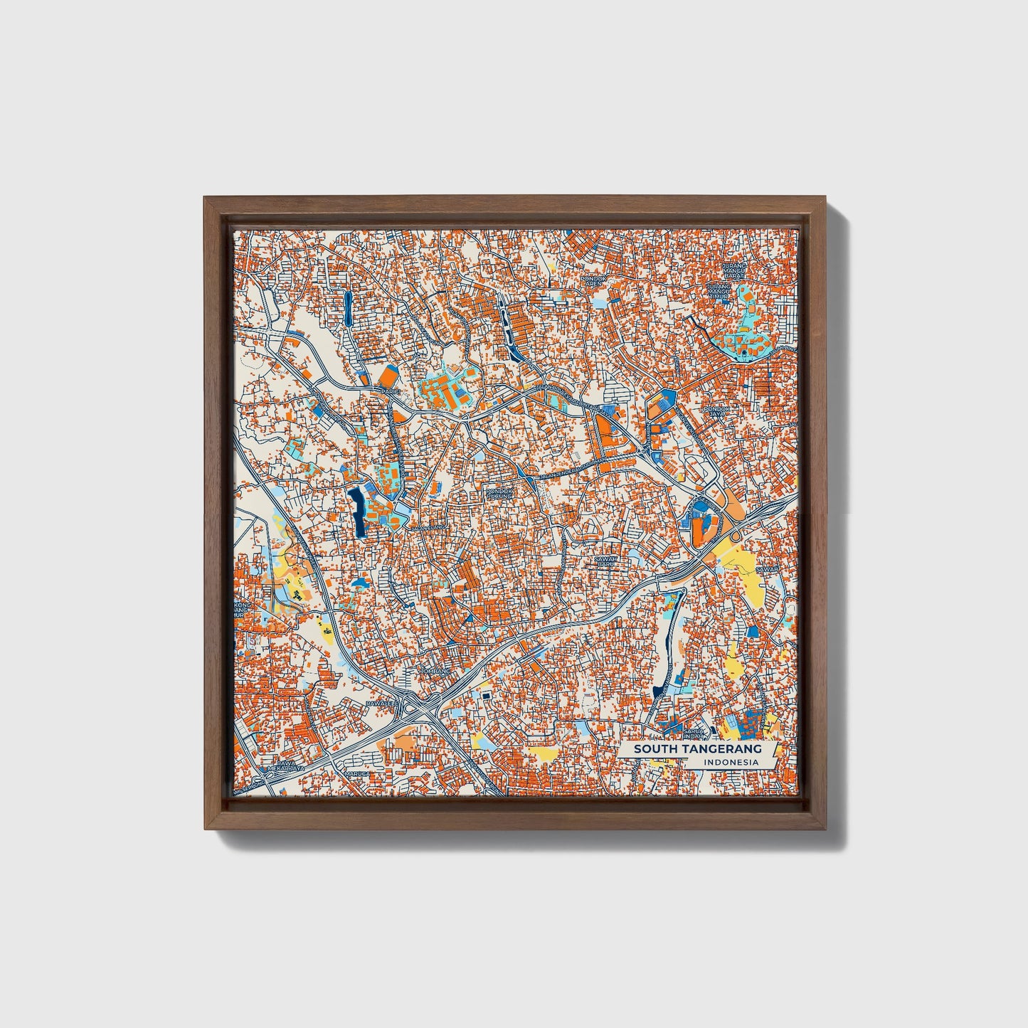 South Tangerang Indonesia Colorful City Map Canvas Print • Dark Wooden Framed