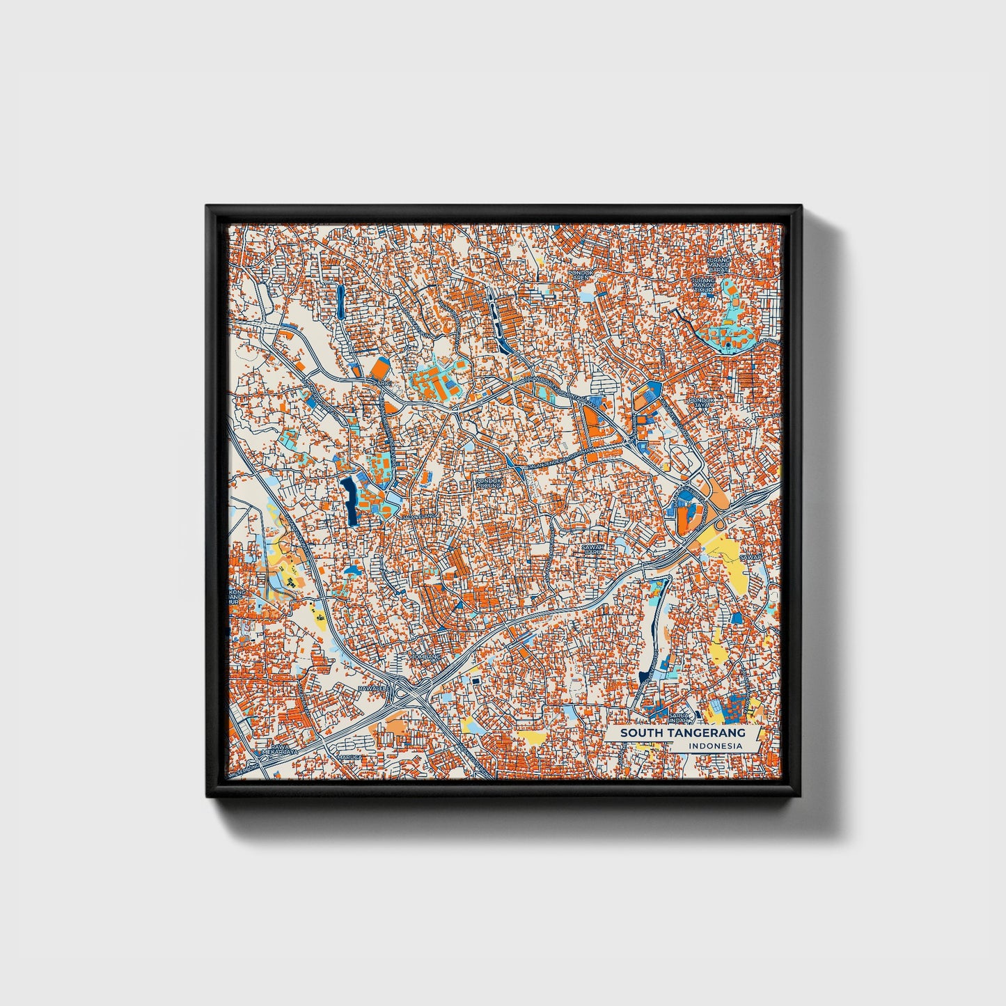 South Tangerang Indonesia Colorful City Map Canvas Print • Black Framed
