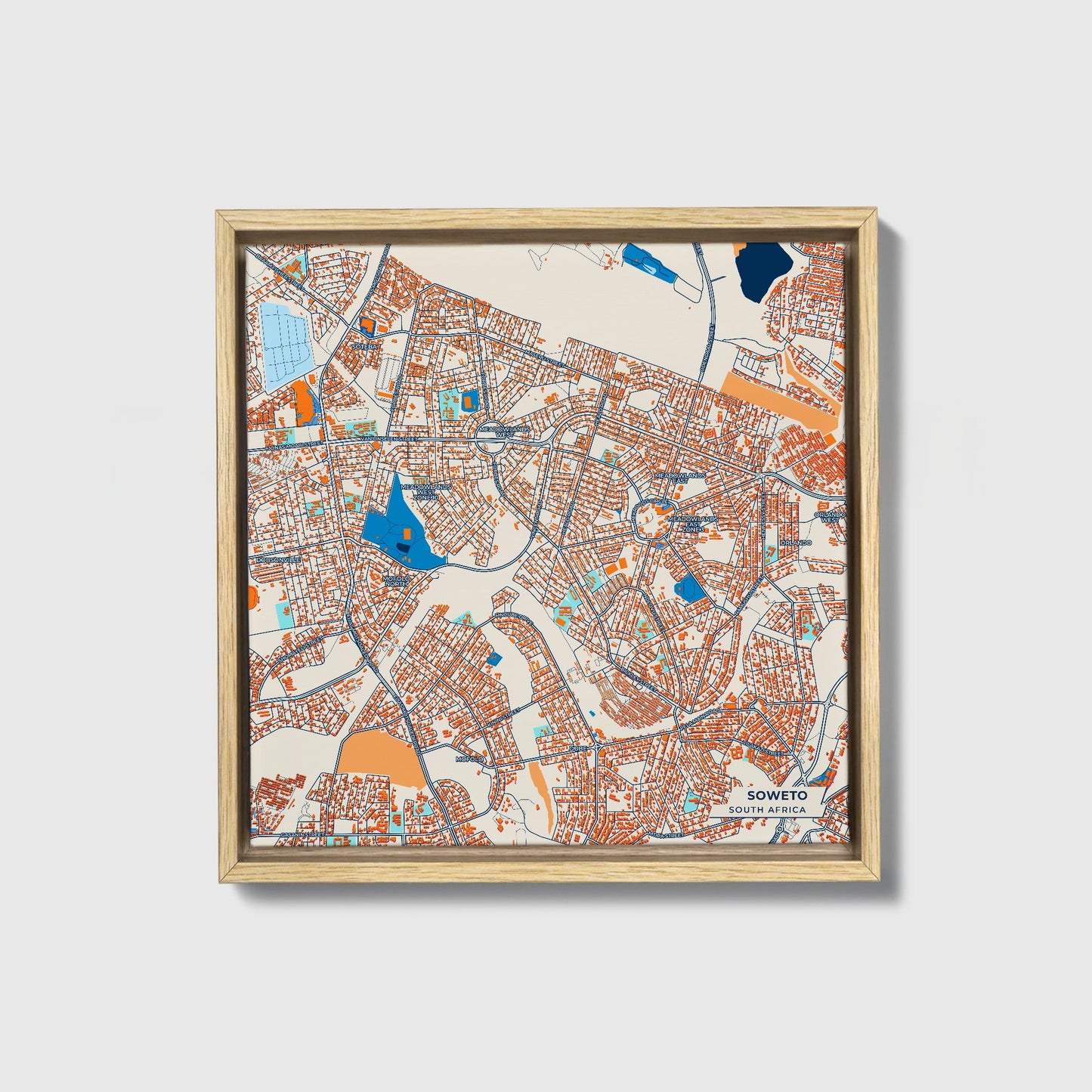 Soweto South Africa Colorful City Map Canvas Print • Natural Wooden Framed
