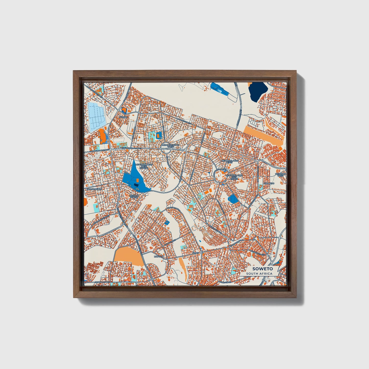 Soweto South Africa Colorful City Map Canvas Print • Dark Wooden Framed