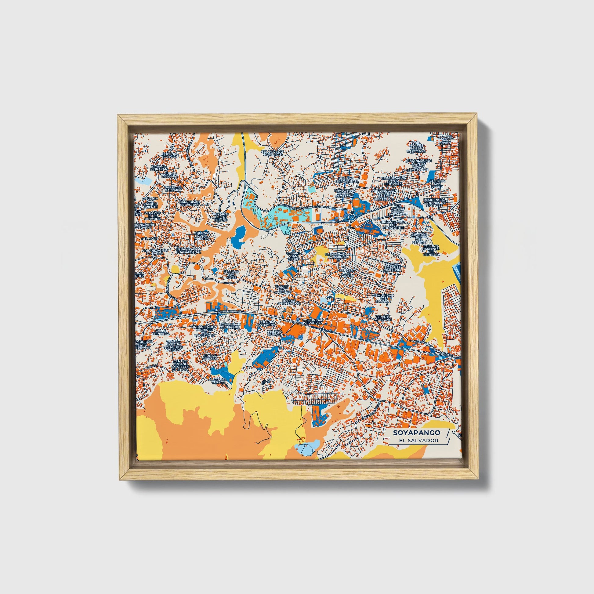 Soyapango El Salvador Colorful City Map Canvas Print • Natural Wooden Framed