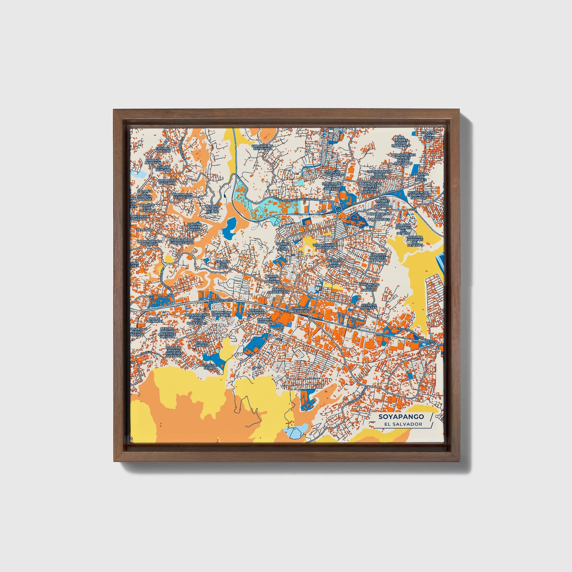 Soyapango El Salvador Colorful City Map Canvas Print • Dark Wooden Framed