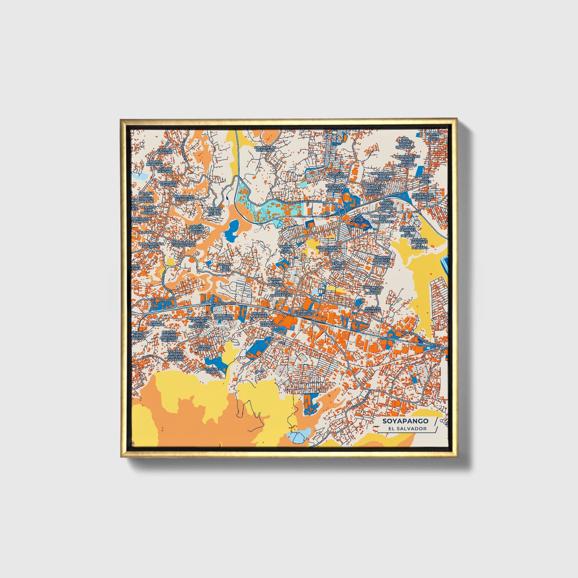 Soyapango El Salvador Colorful City Map Canvas Print • Gold Framed