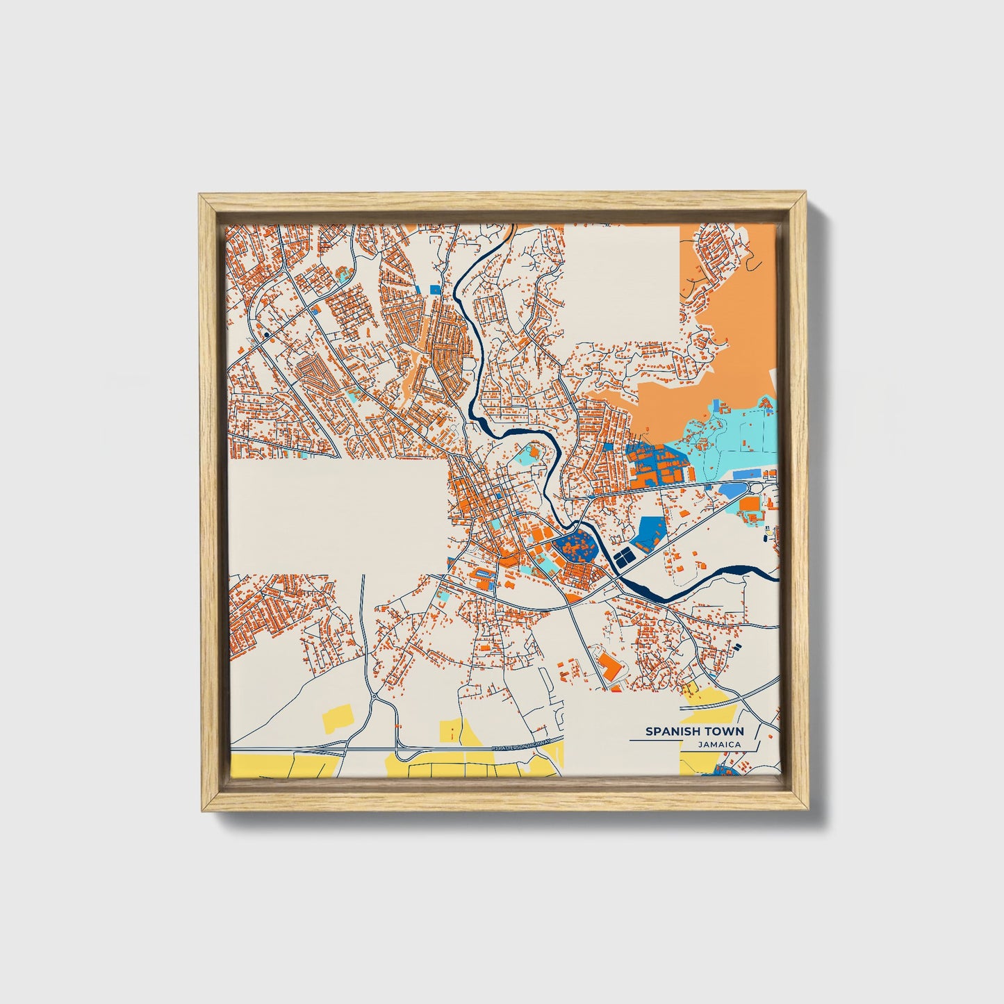 Spanish Town Jamaica Colorful City Map Canvas Print • Natural Wooden Framed