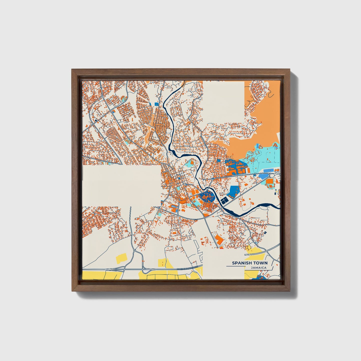 Spanish Town Jamaica Colorful City Map Canvas Print • Dark Wooden Framed