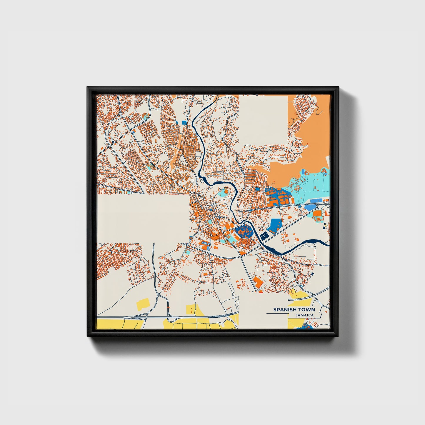 Spanish Town Jamaica Colorful City Map Canvas Print • Black Framed