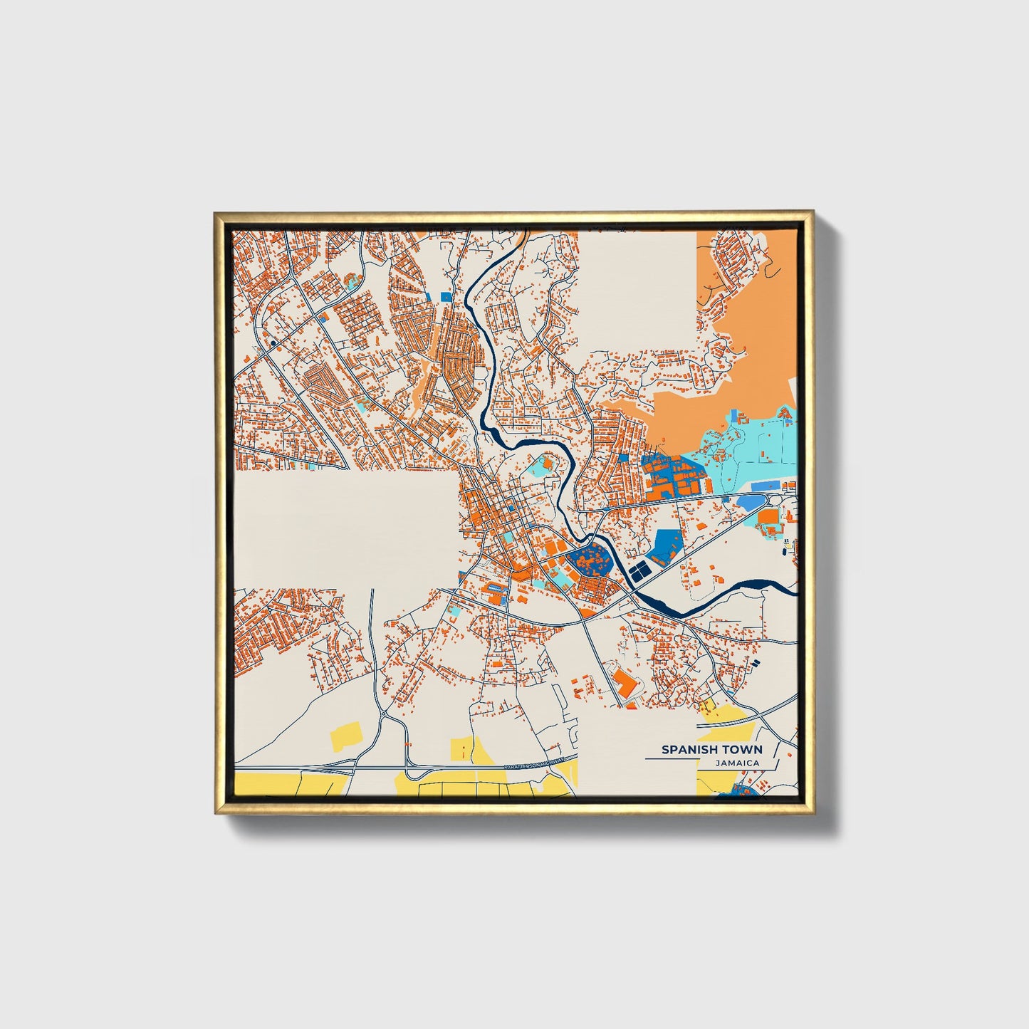 Spanish Town Jamaica Colorful City Map Canvas Print • Gold Framed