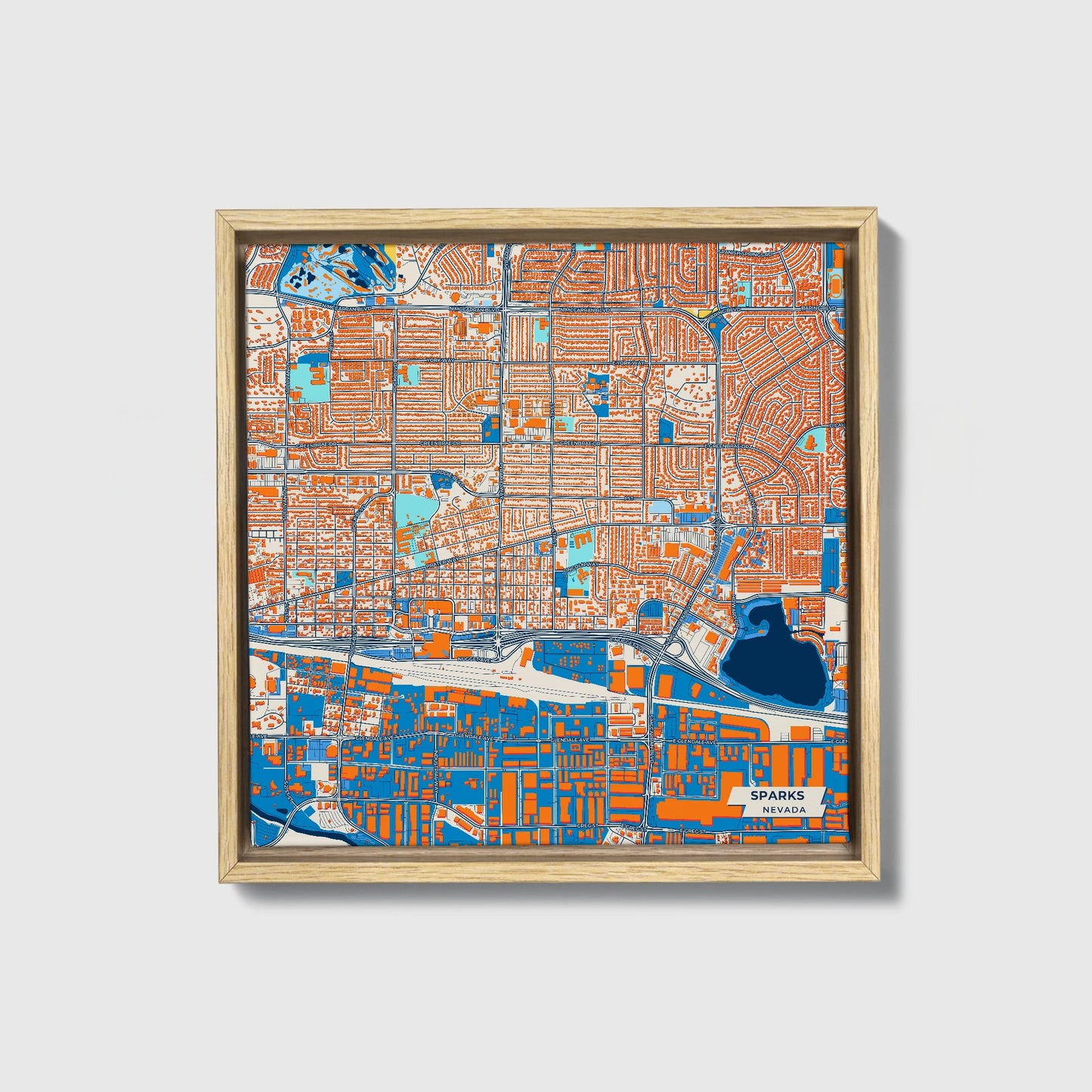 Sparks Nevada Colorful City Map Canvas Print • Natural Wooden Framed