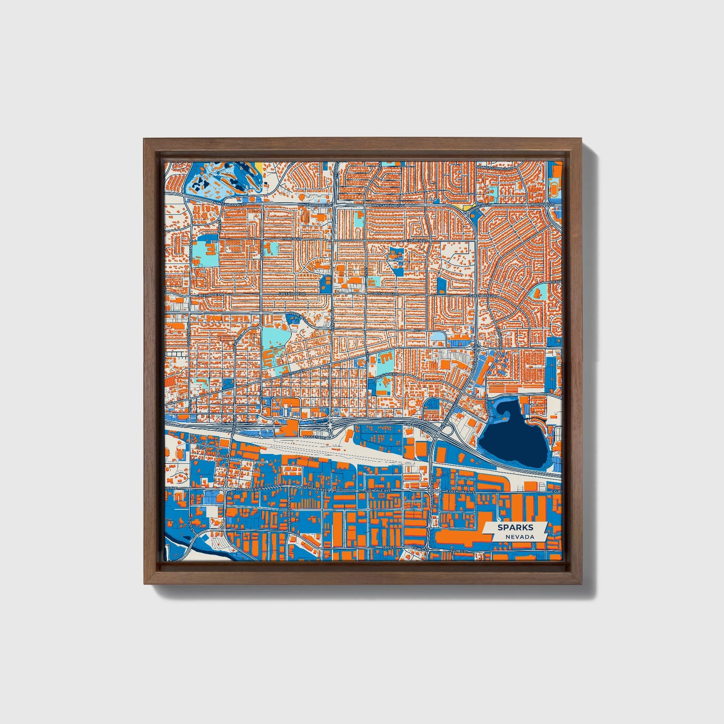 Sparks Nevada Colorful City Map Canvas Print • Dark Wooden Framed