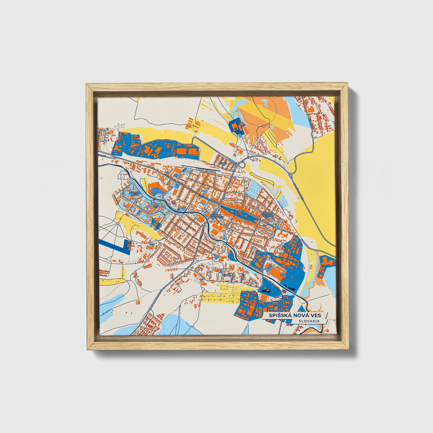 Spišská Nová Ves Slovakia Colorful City Map Canvas Print • Natural Wooden Framed