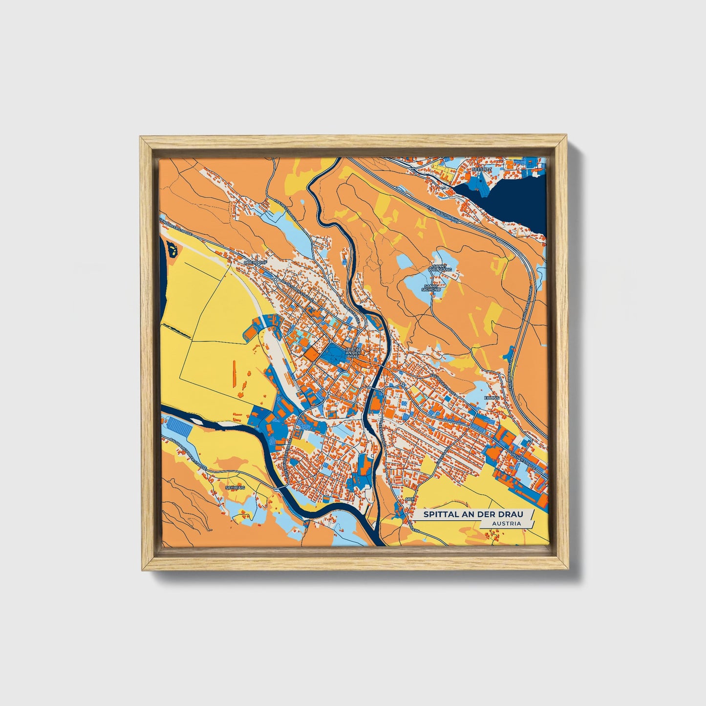 Spittal An Der Drau Austria Colorful City Map Canvas Print • Natural Wooden Framed