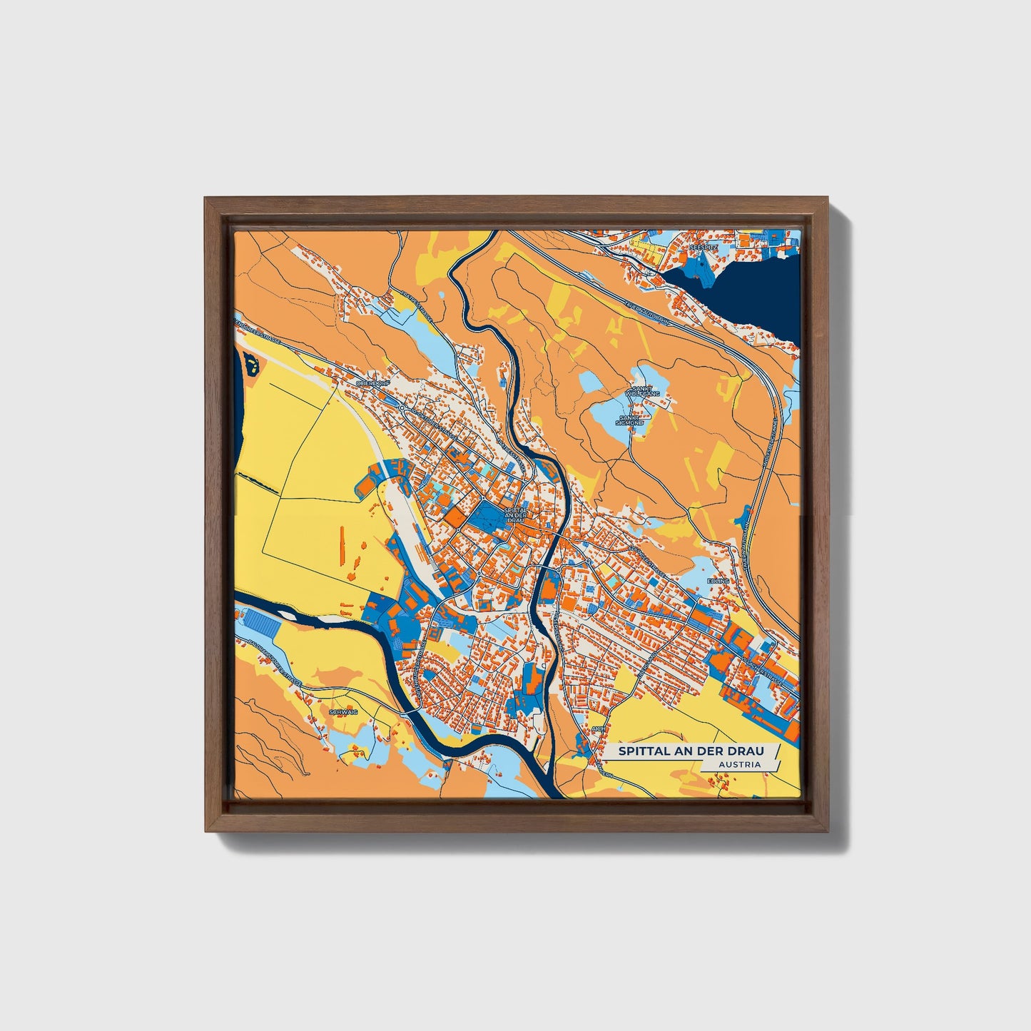 Spittal An Der Drau Austria Colorful City Map Canvas Print • Dark Wooden Framed
