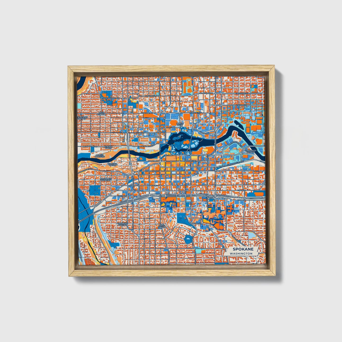 Spokane Washington Colorful City Map Canvas Print • Natural Wooden Framed