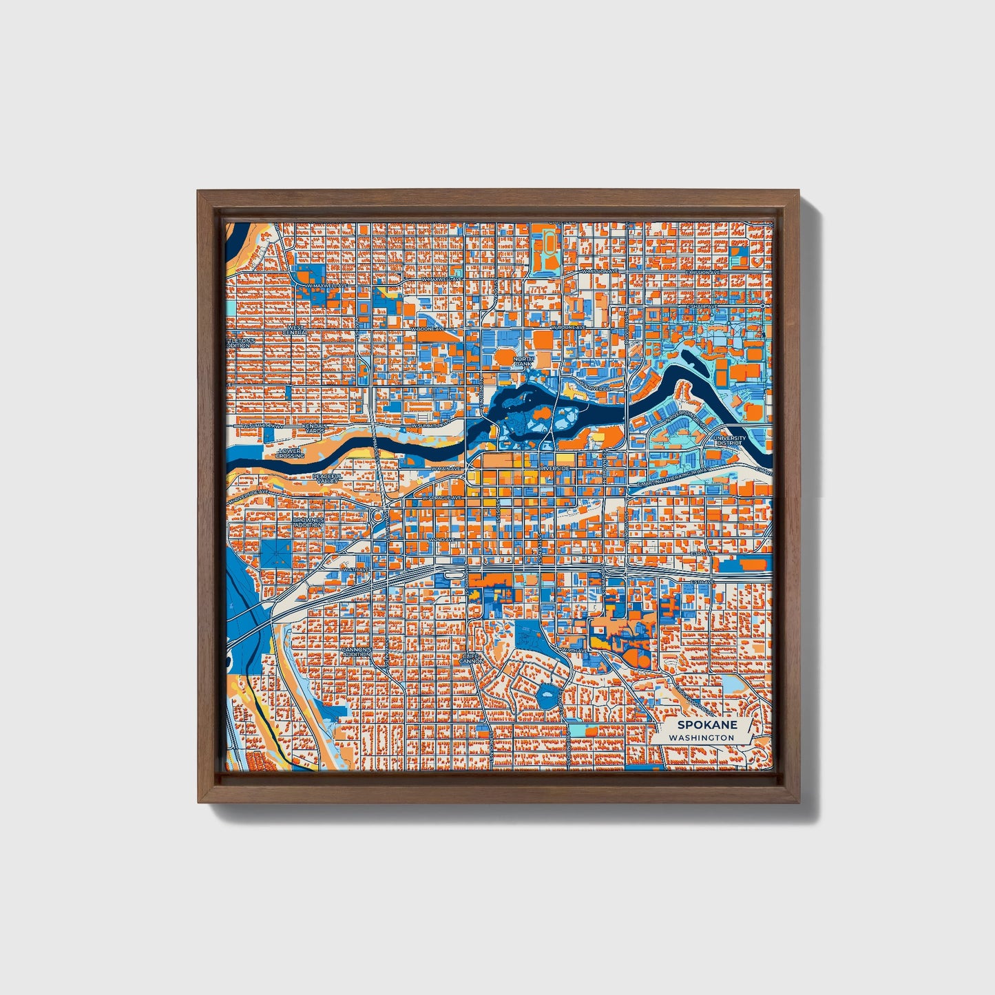 Spokane Washington Colorful City Map Canvas Print • Dark Wooden Framed