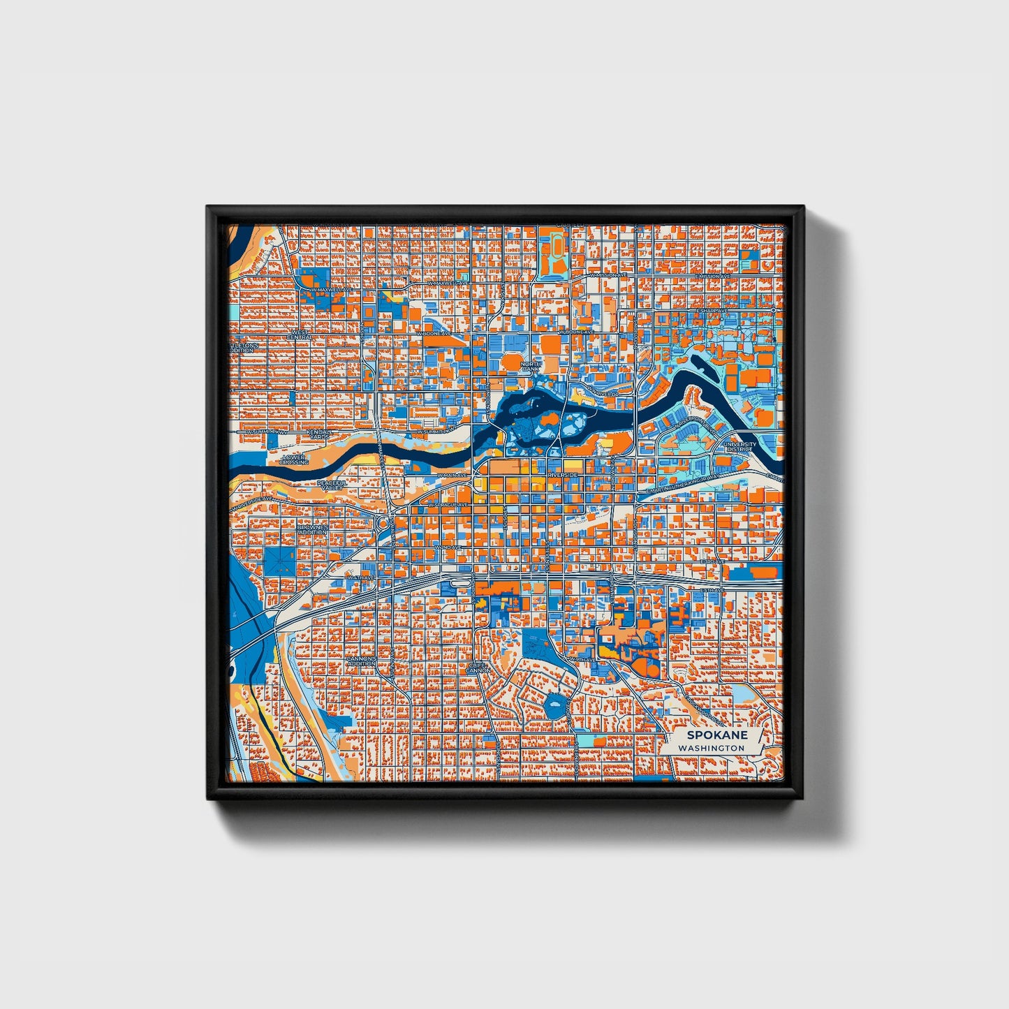 Spokane Washington Colorful City Map Canvas Print • Black Framed