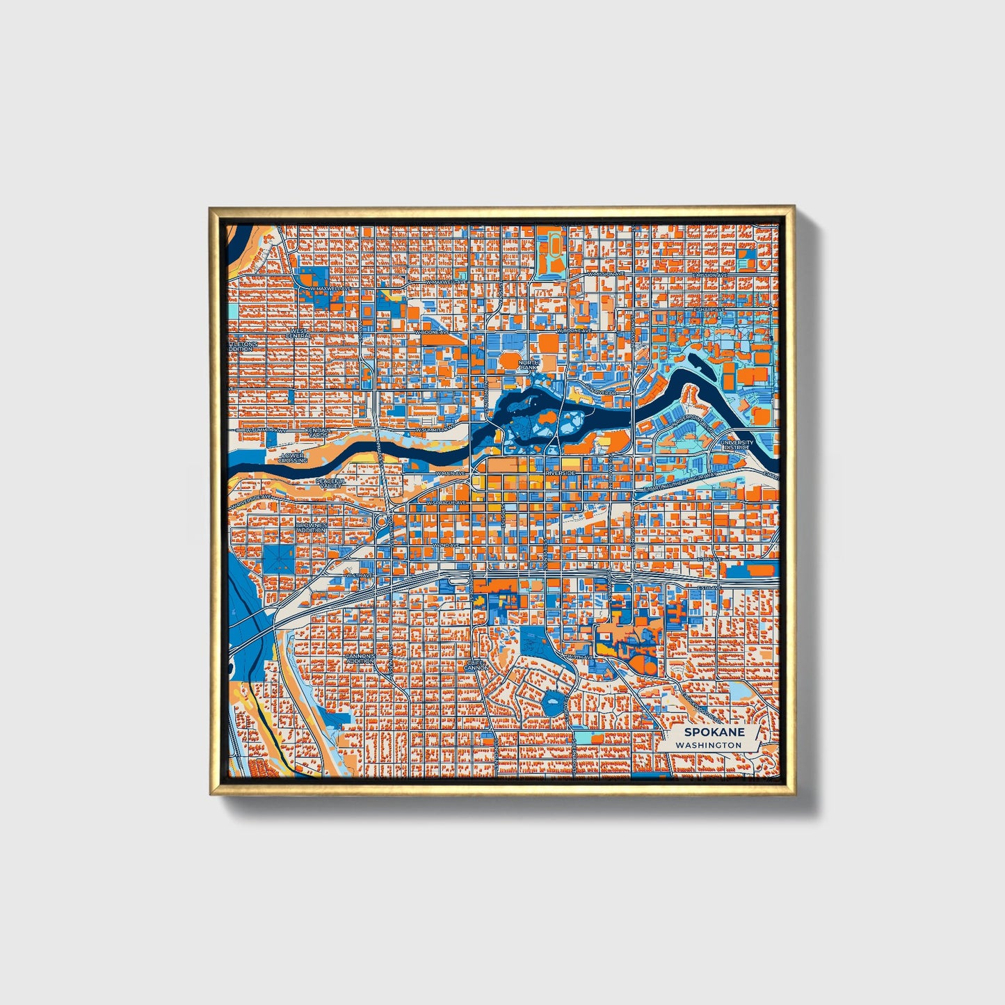 Spokane Washington Colorful City Map Canvas Print • Gold Framed