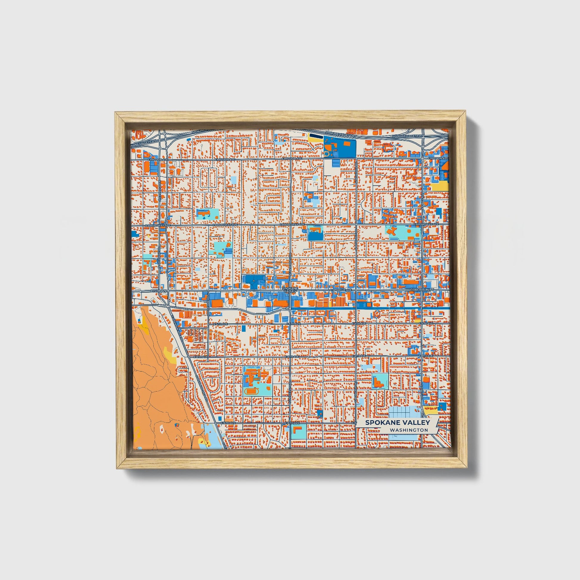 Spokane Valley Washington Colorful City Map Canvas Print • Natural Wooden Framed