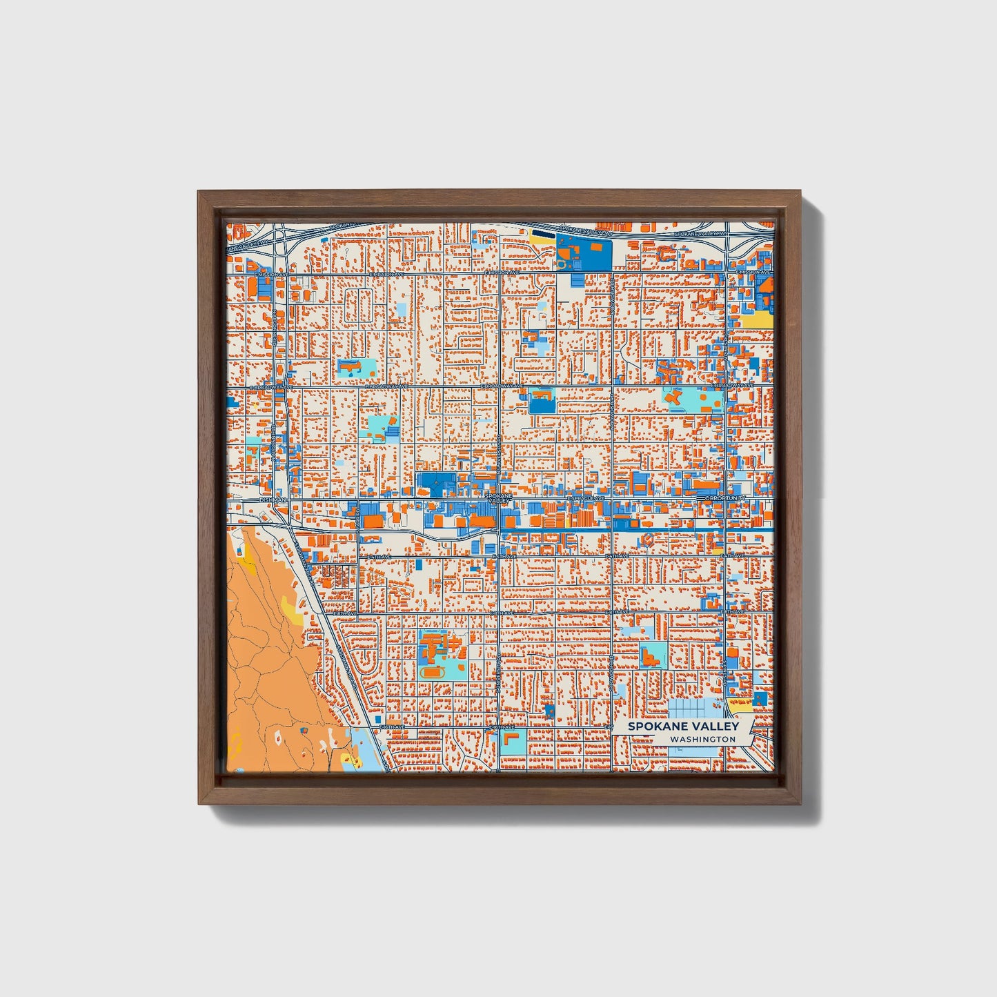 Spokane Valley Washington Colorful City Map Canvas Print • Dark Wooden Framed
