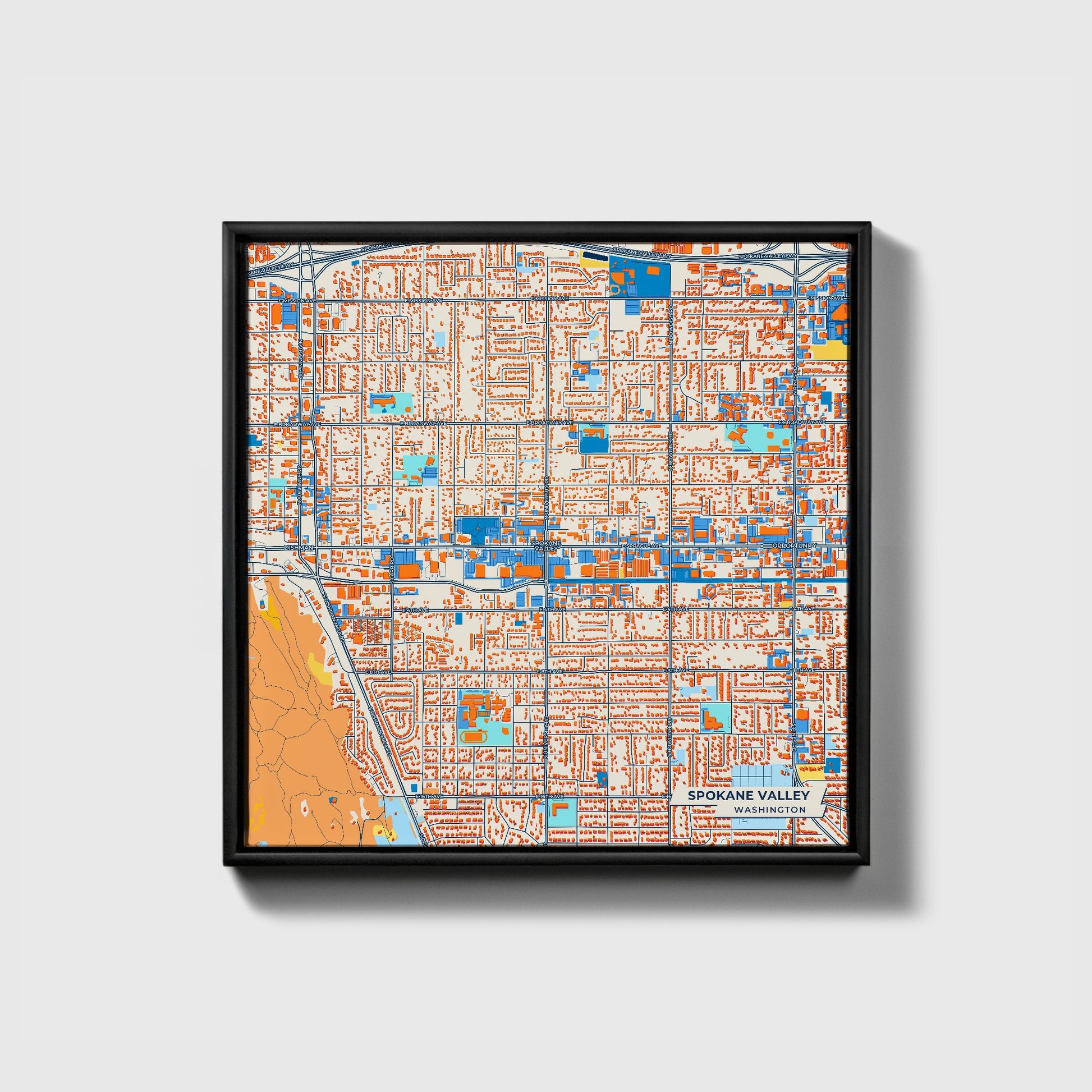 Spokane Valley Washington Colorful City Map Canvas Print • Black Framed