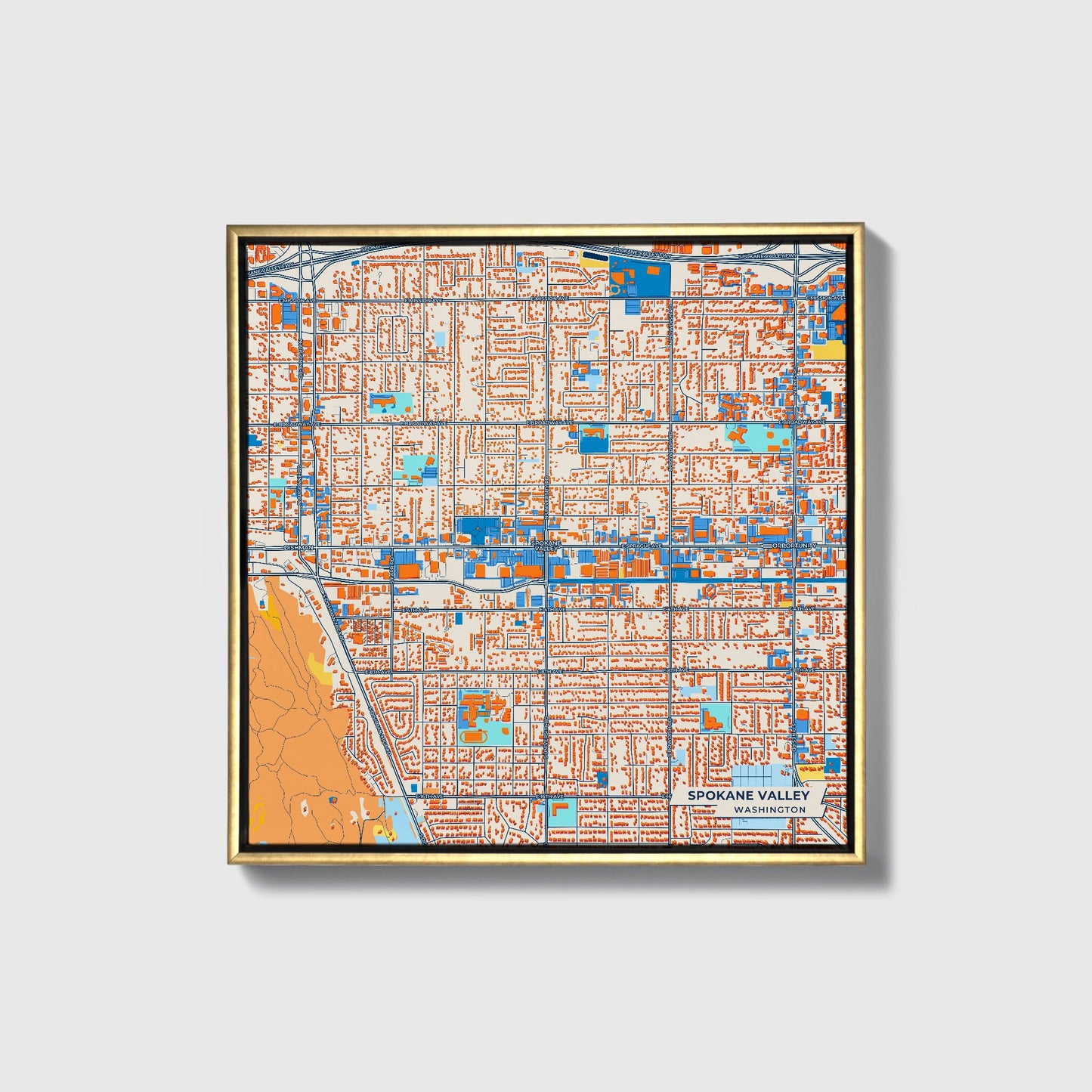 Spokane Valley Washington Colorful City Map Canvas Print • Gold Framed