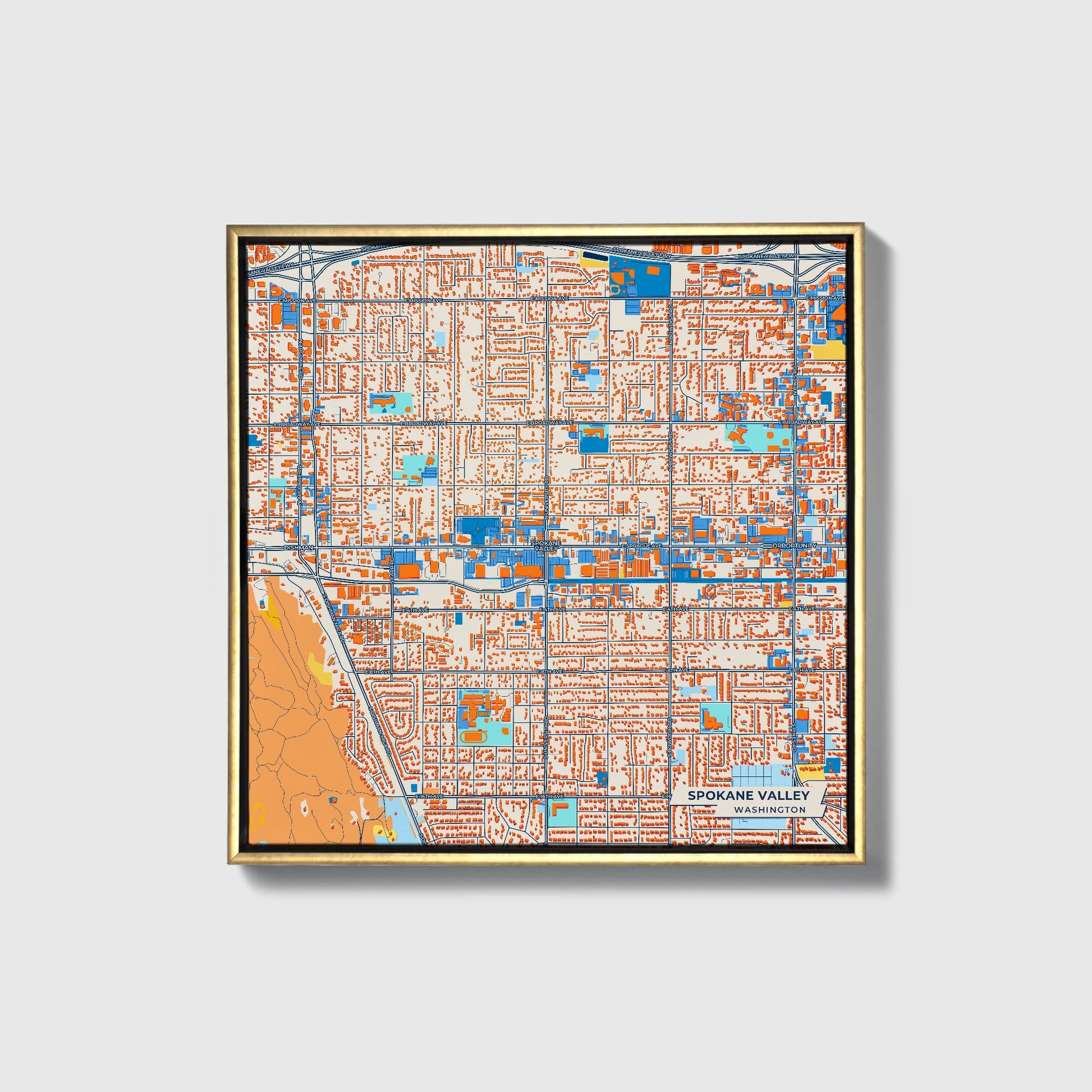 Spokane Valley Washington Colorful City Map Canvas Print • Gold Framed