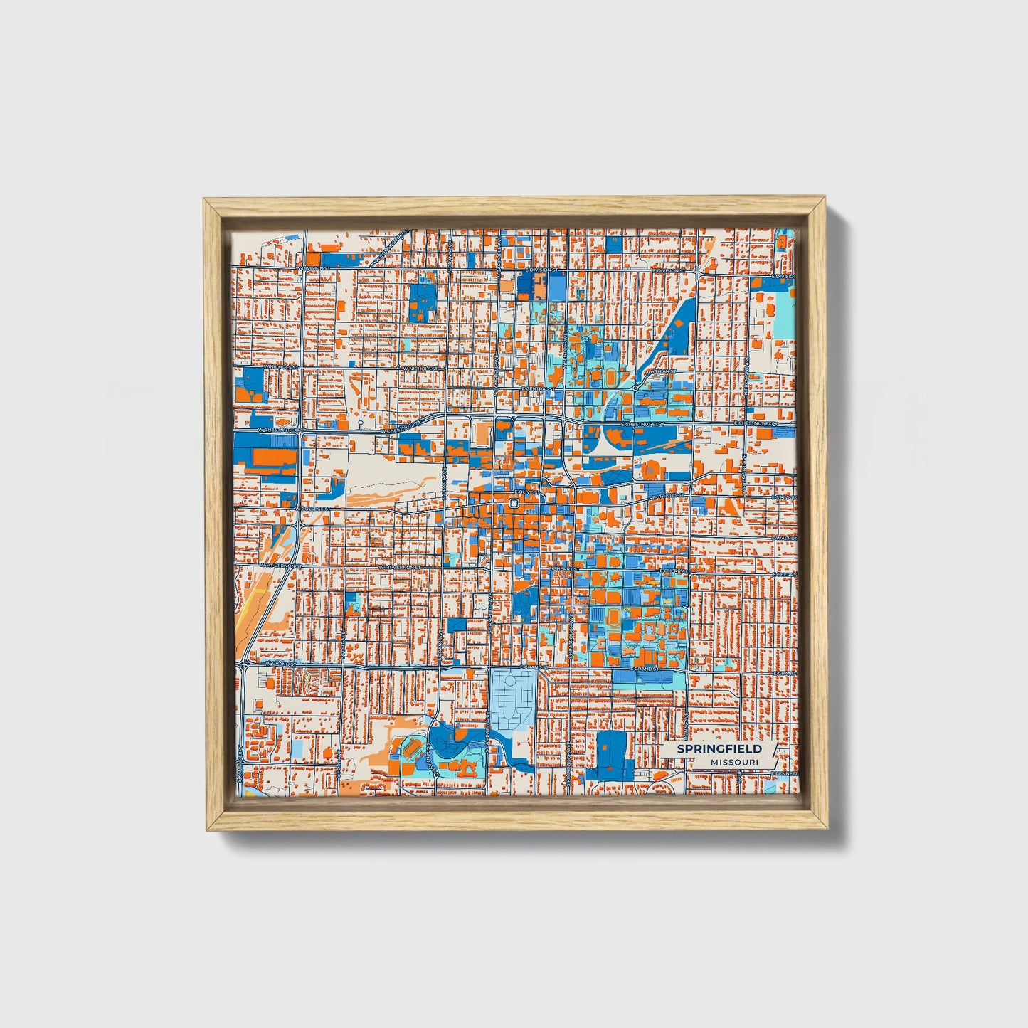 Springfield Missouri Colorful City Map Canvas Print • Natural Wooden Framed