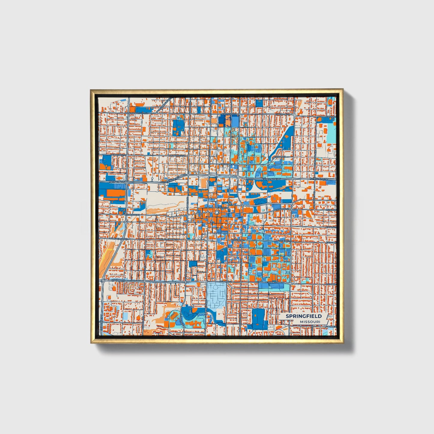 Springfield Missouri Colorful City Map Canvas Print • Gold Framed