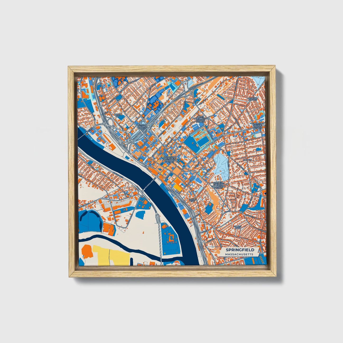 Springfield Massachusetts Colorful City Map Canvas Print • Natural Wooden Framed